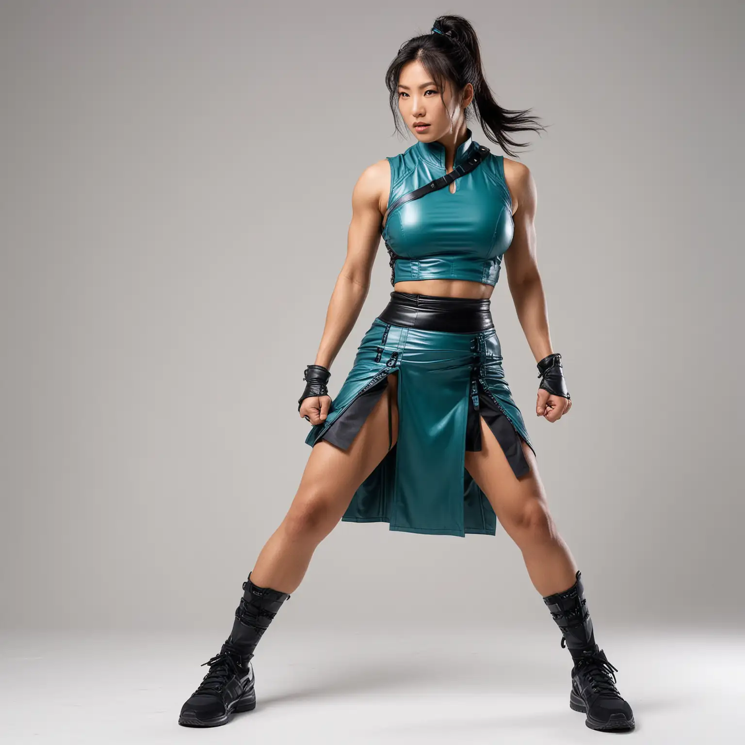 Strong muscular beautiful Japanese woman, wearing sleeveless light-saturated-teal double thigh slit chun-li dress made of leather, black shoulderpads, exposed midriff, black sneakers, sneakers, white background