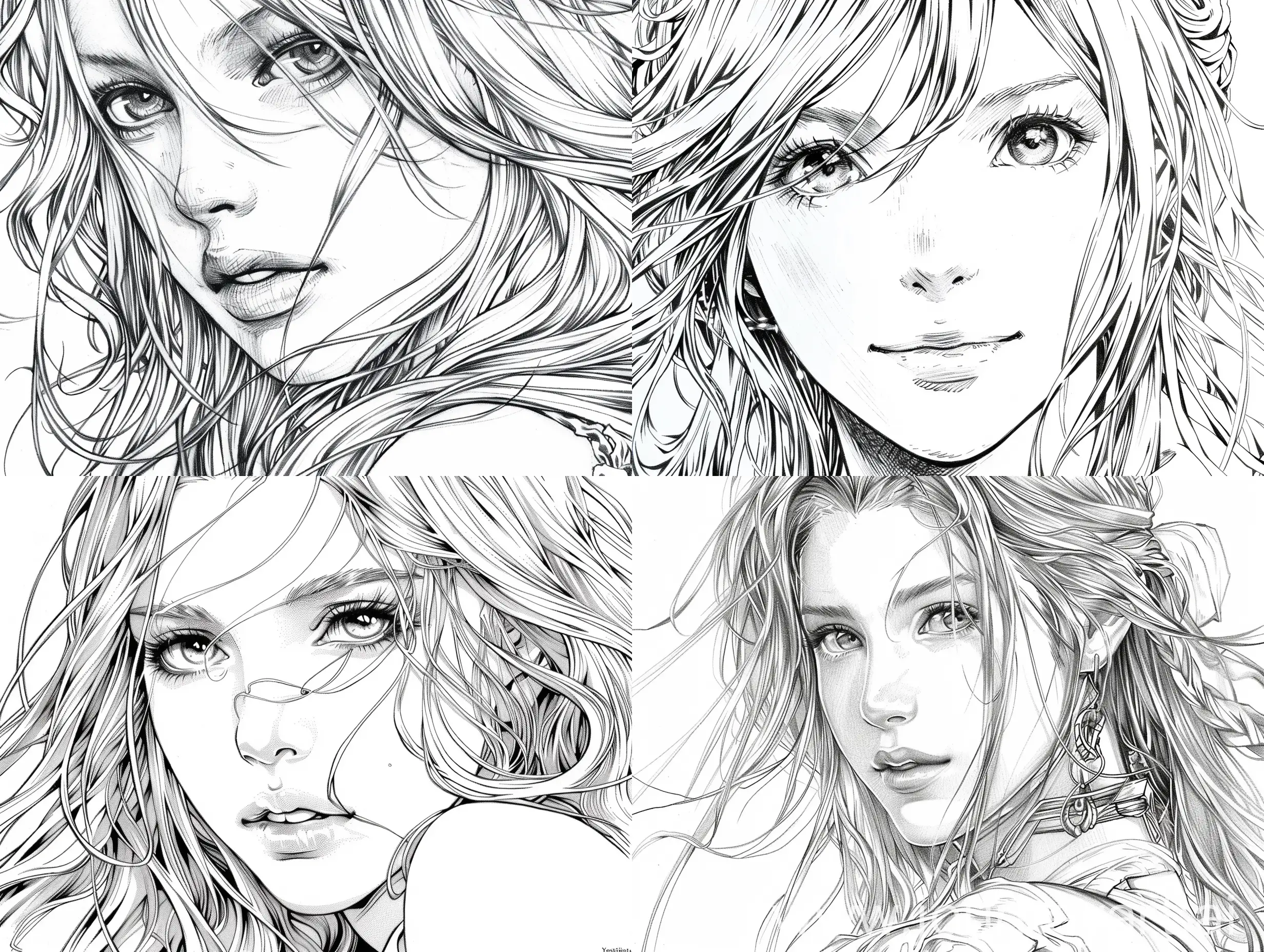 Final Fantasy, yoshitaka amano, detailed line art, very detailed, beautiful girl, beautiful realistic face, Broad brushstrokes, Fine lines, Vivid