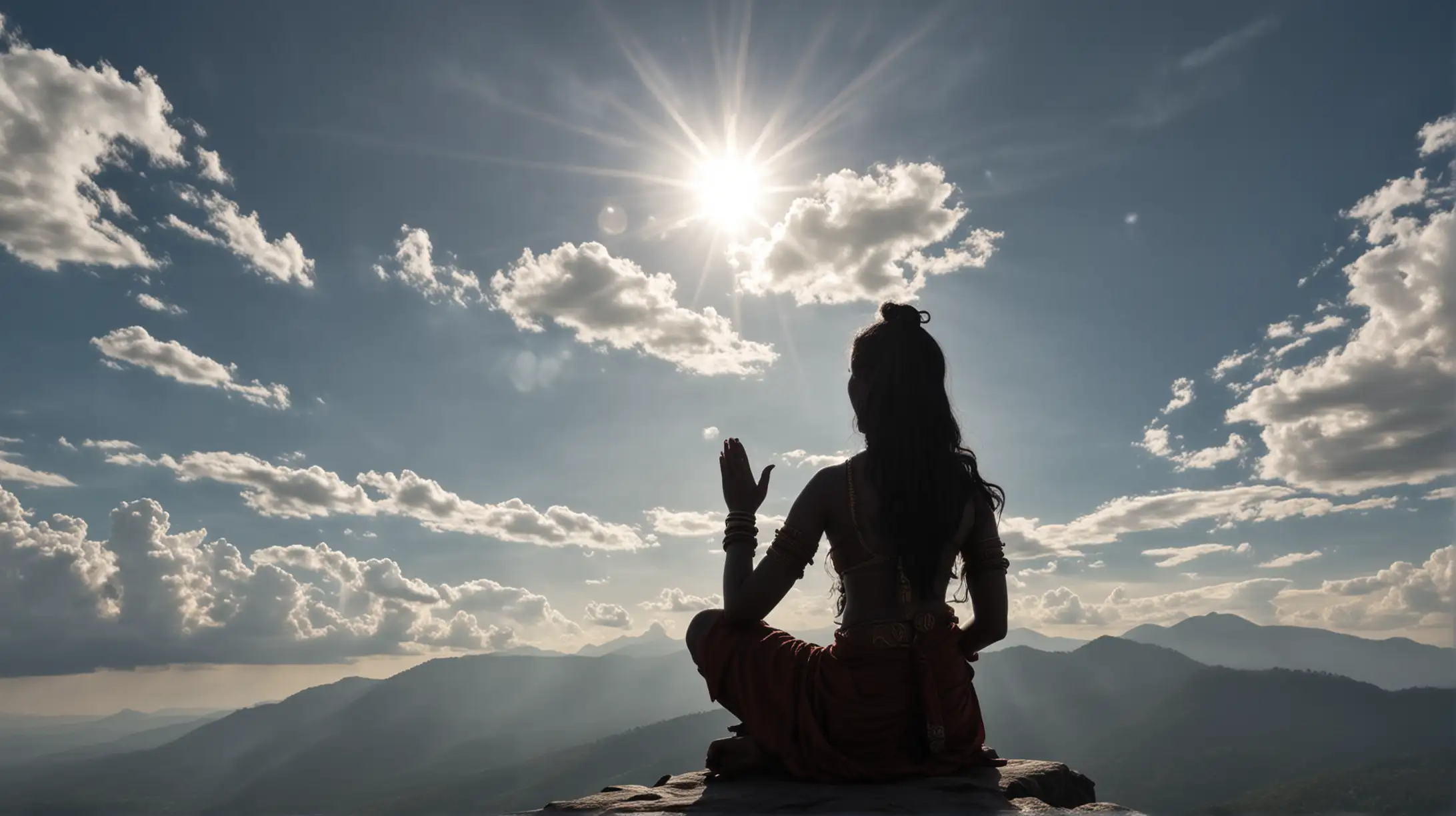 A girl reads mantras on the top of a mountain, the silhouette of Sri Shiva Sahasranama are visible in the sky, clouds 