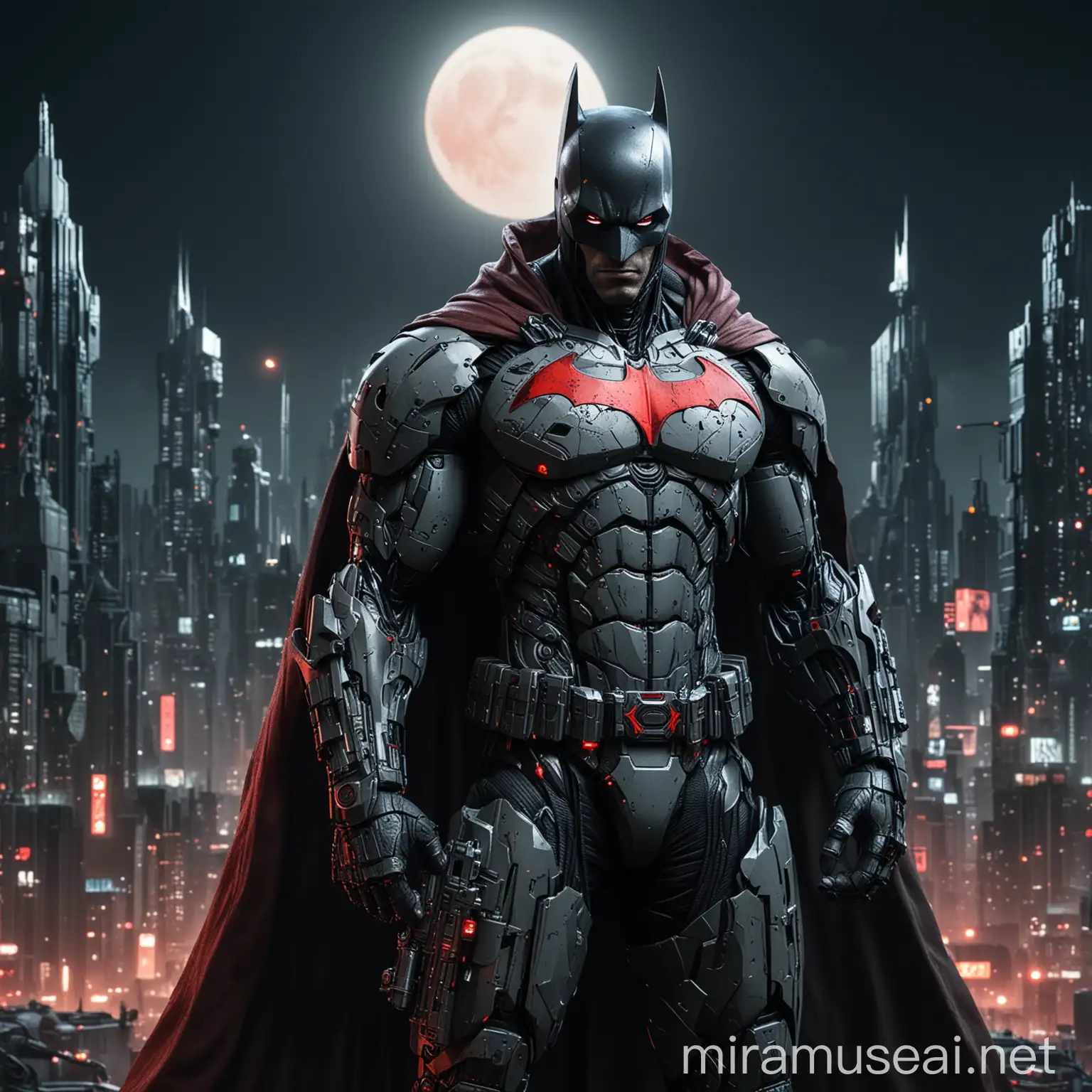 Cyborg batman with the Cape and hood , cyberpunk , cybernetic gun on left hand , extremely detailed , intricate , sharp lines , full body shot , night Gotham city background , red moon