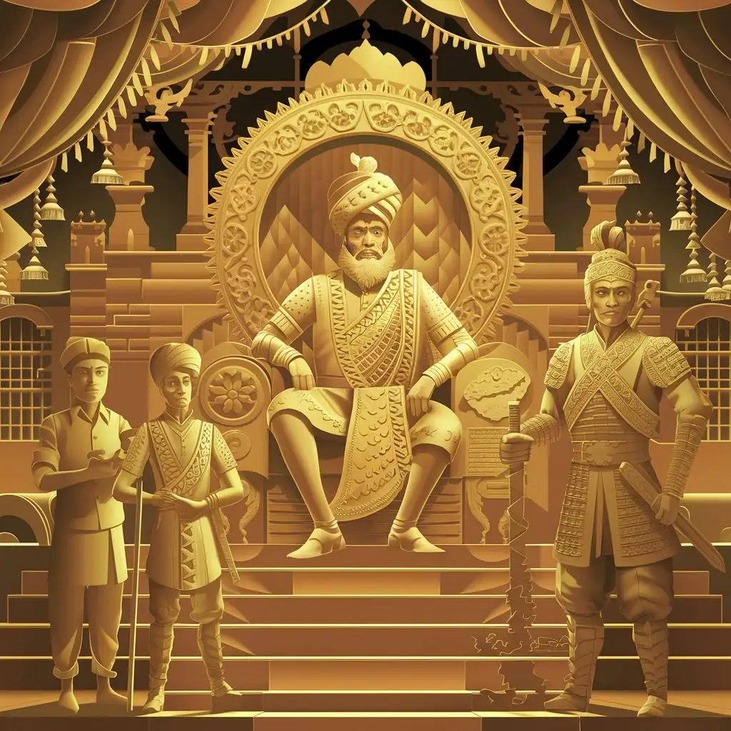 THE INDIAN MAHARAJA SITS ON THE THRONE. IN FRONT OF HIM STANDS A SERVANT, AN INDIAN PRINCE AND AN INDIAN WARRIOR OF THE 17TH CENTURY  . paper cutting