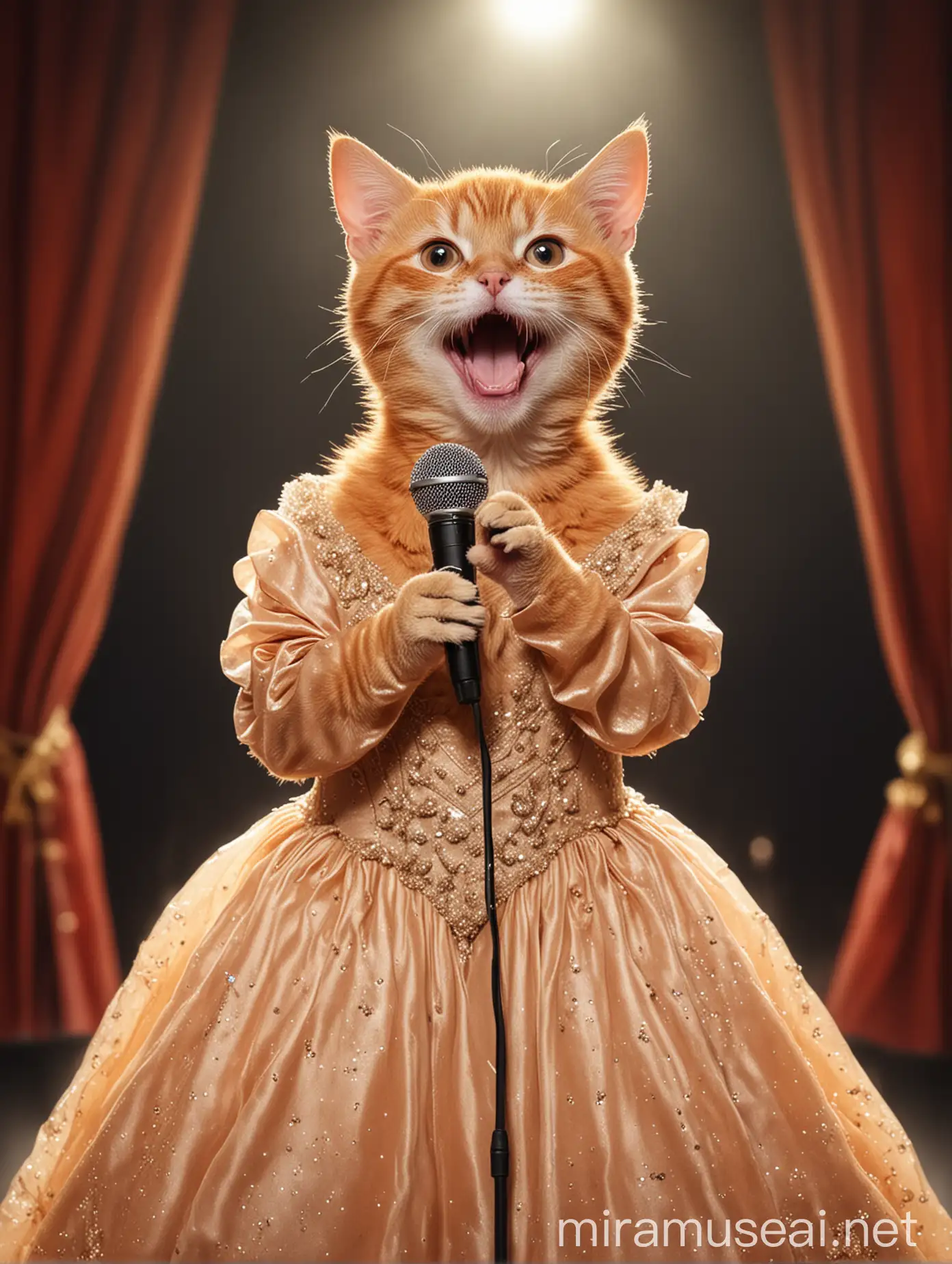 a little orange cat in a evening gown, holding a microphone and singing on stage