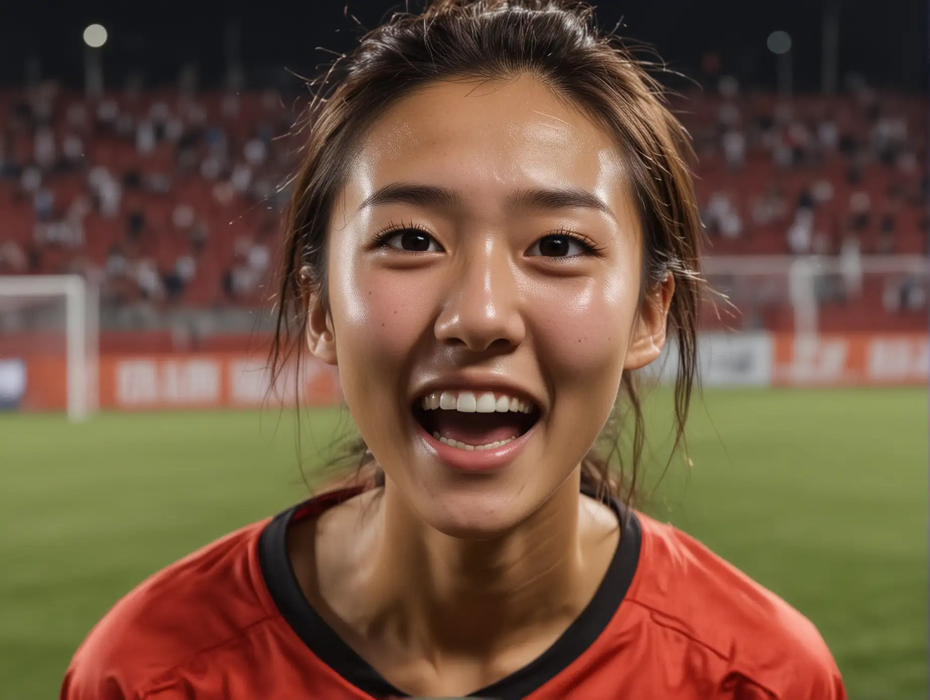 close up face of a beautiful skinny women's college soccer player from Shenyang China without makeup celebrating moments after scoring a glorious goal, overwhelmed with joy and excitement. she has