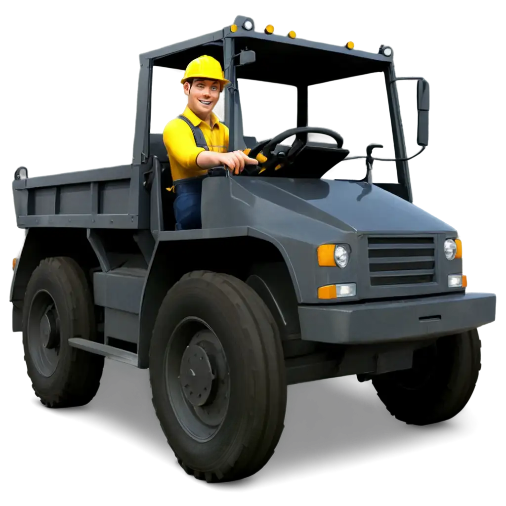 Cartoonish mining worker driving dump trucks while smiling
