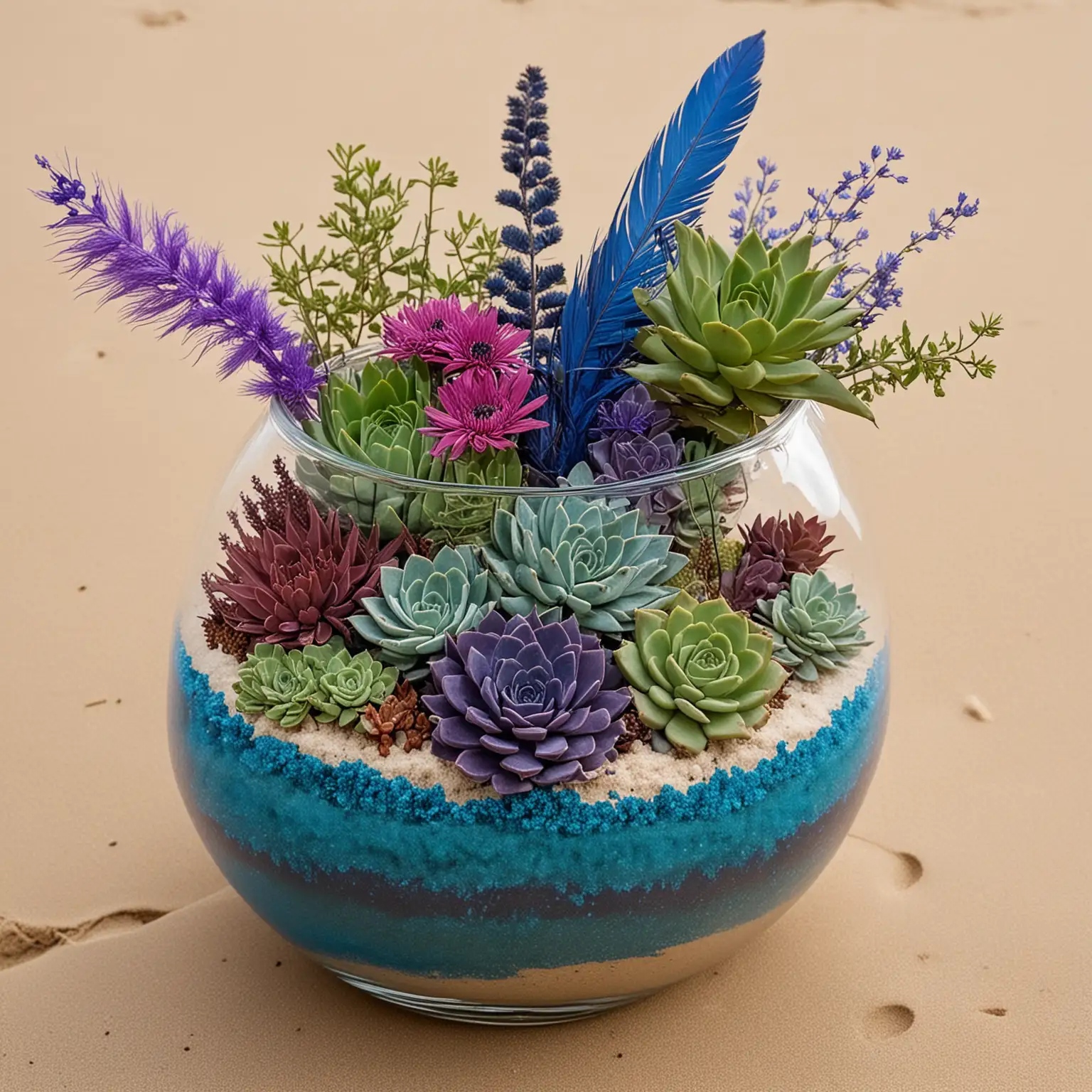 a clear glass fishbowl vase with fringe wrapped around the vase and the vase has layers of sapphire blue, turquoise and deep purple sand inside with a bouquet of long stemmed wildflowers with feathers mixed in and tiny succulents on top of the sand in the cylinder