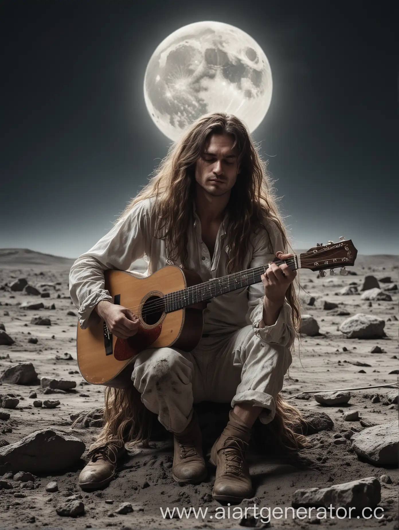 一位长发男子满脸丧气坐在月球上弹吉他
