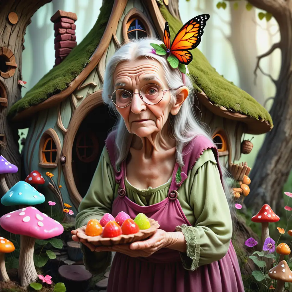 Fantasy sweet old woman who lives in a fairy house