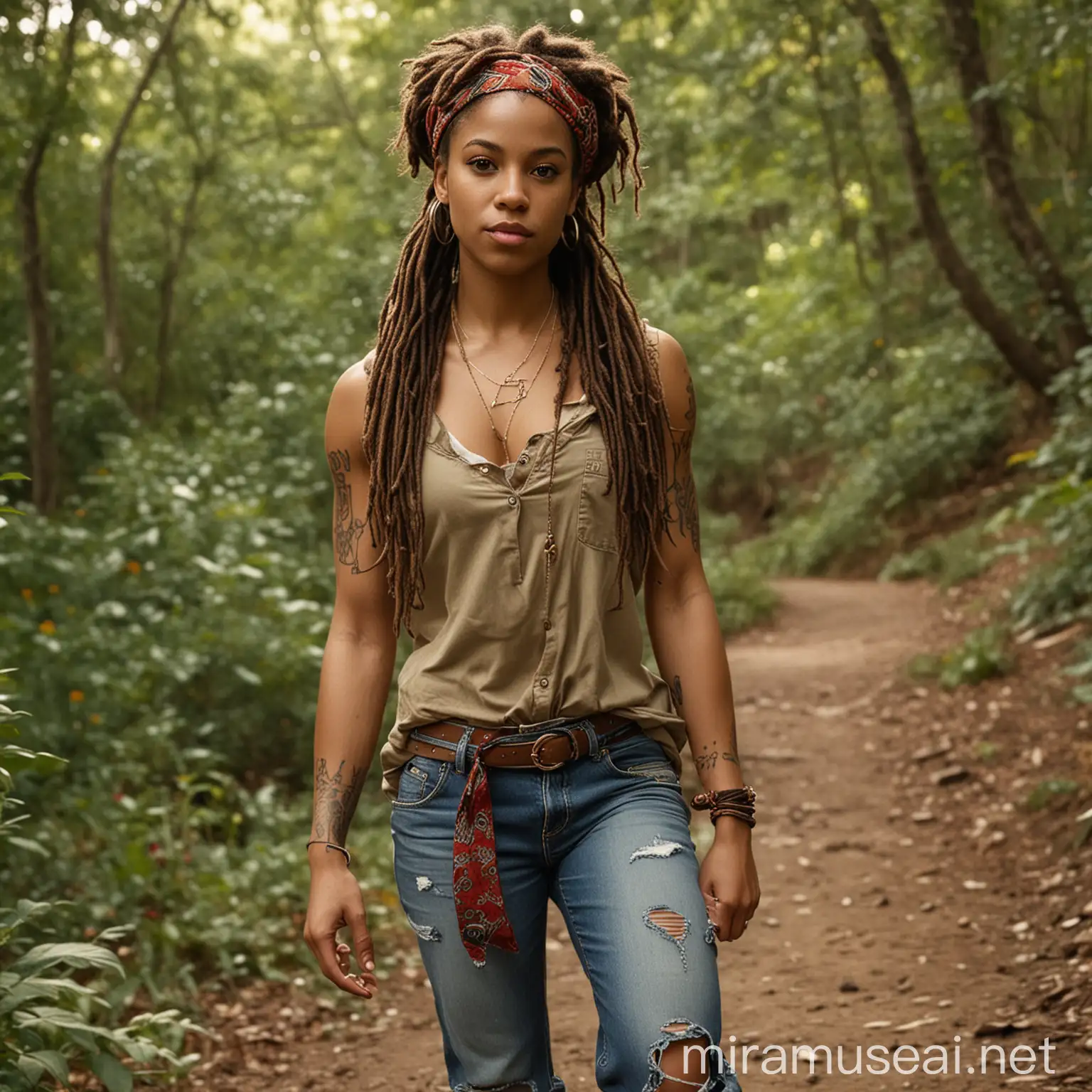 Muscular Black Woman with Dreadlock Hair and Tattoos in Outdoor Attire