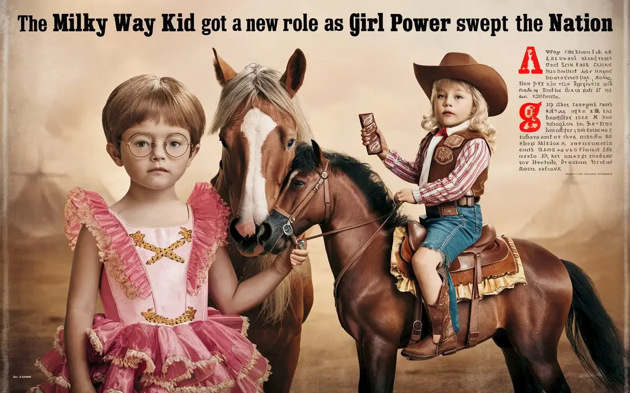 Realistic Photograph of The milky bar boy with short blonde hair and round glasses standing next to a little horse, the milky bar girl is riding the horse in a cowboy costume holding a bar of chocolate, the milky bar boy looks uncomfortable standing in a frilly pink wild western dress, perfect faces, clear faces, real, photography, the photograph is captioned “the Milky Way kid got a new role as girl power swept the nation”