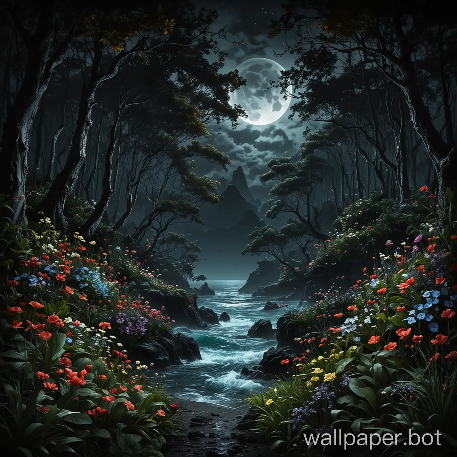 In the dark forest with many flowers and plants and dark moon and sea