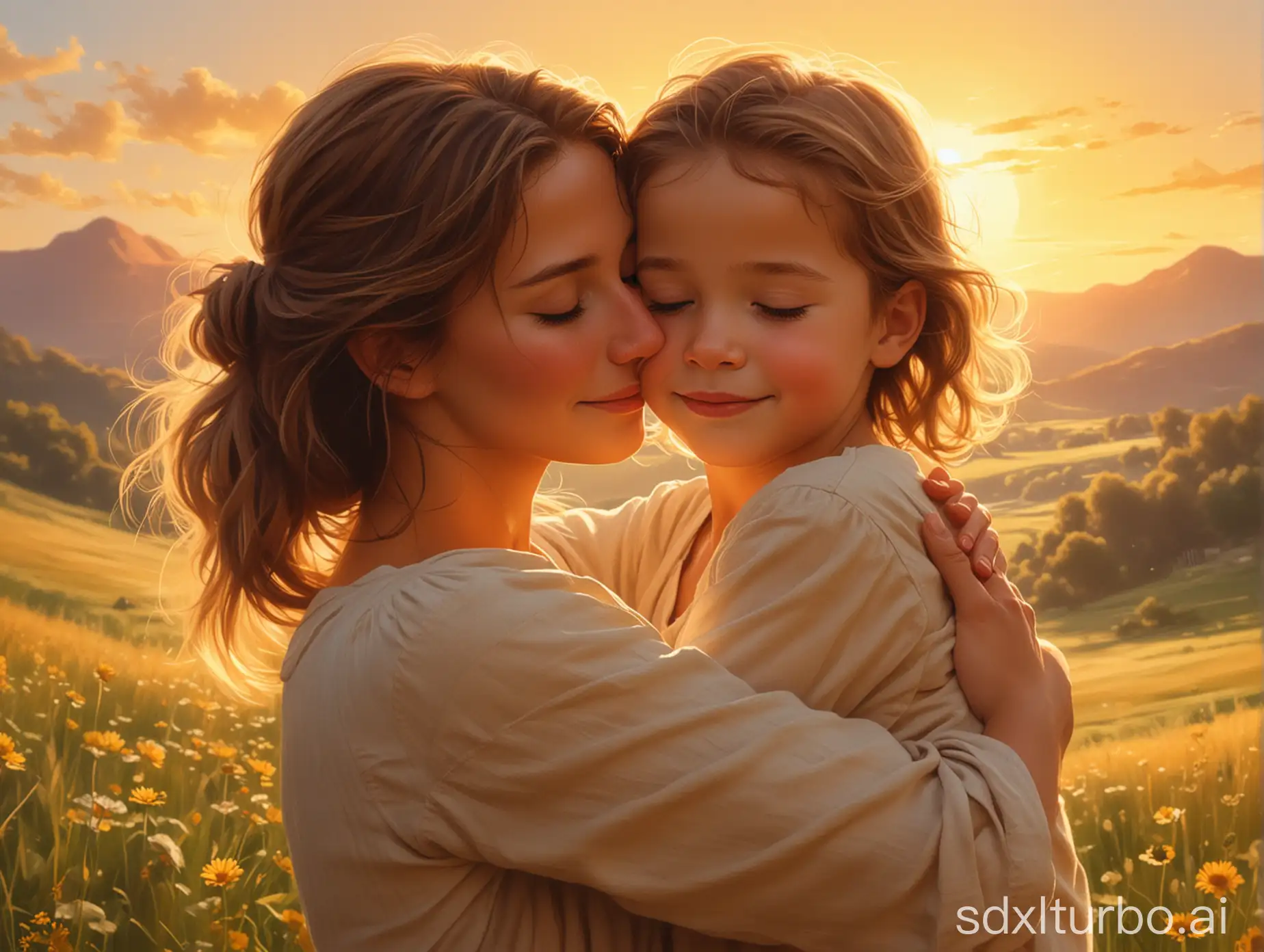 A heartwarming illustration of a mother and her child embracing tenderly, their faces filled with love and warmth. The mother, with gentle  eyes and a soft smile, holds her child close, while the child, with a sweet grin, wraps their arms around her neck. The background showcases a serene natural landscape, with a golden sun setting over a vast meadow, giving off a warm, golden glow. The scene exudes a timeless quality, capturing the enduring bond and the unconditional love between a mother and her child., illustration