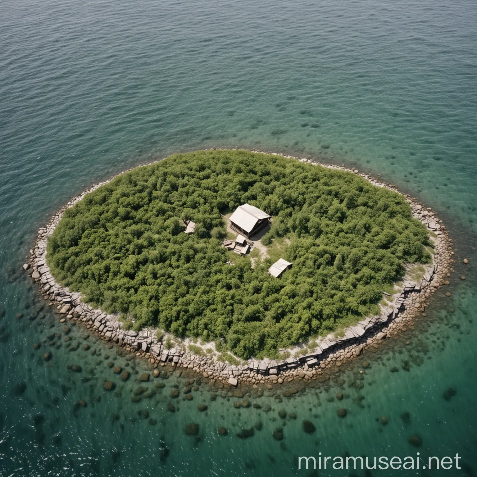 Uninhabited Desert Island with Tent and Cabin Surrounded by Sea