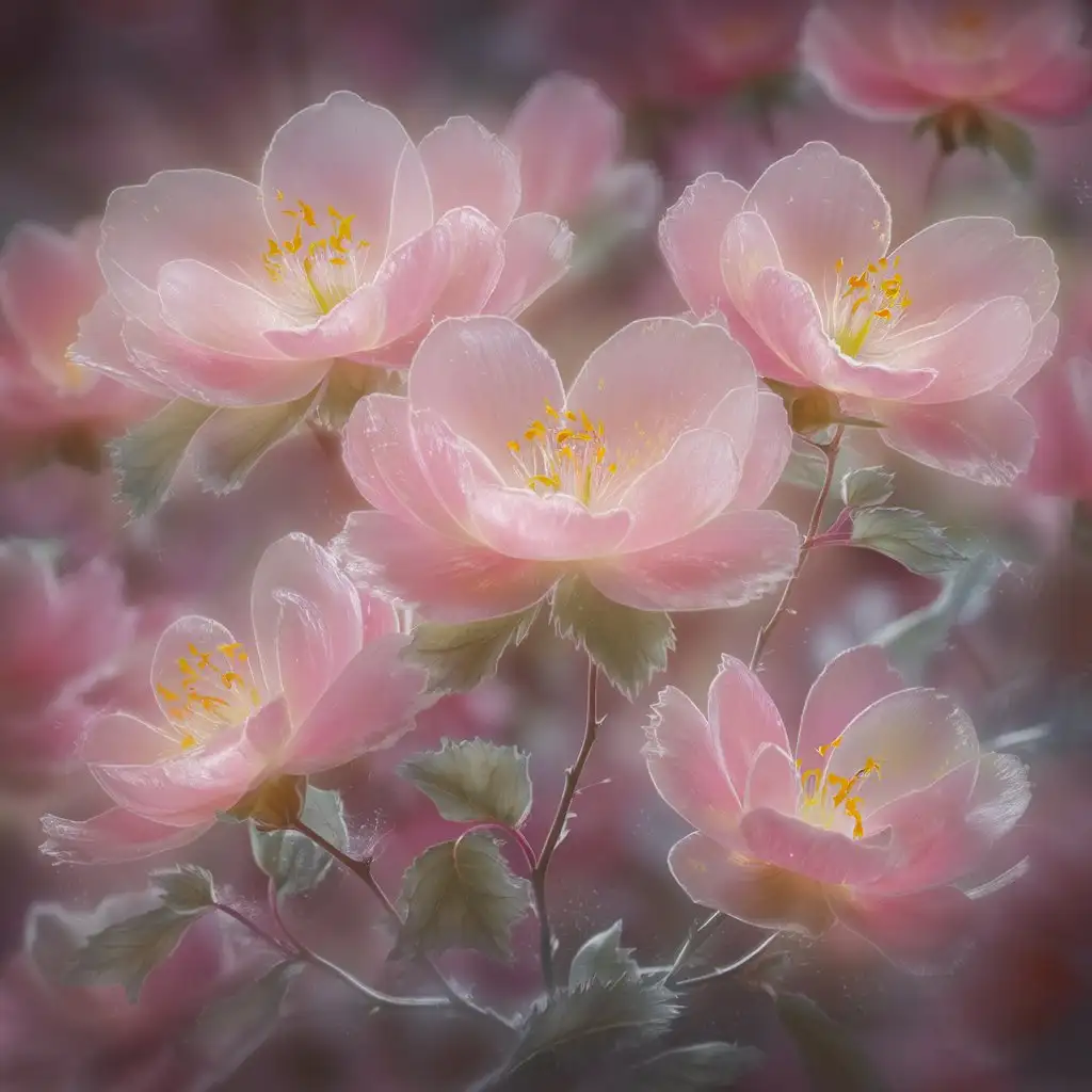 A close-up view of delicate pink flowers with translucent petals and a soft, ethereal glow. The flowers have multiple layers of petals, with the outer petals being more translucent and the inner petals more vibrant. Each flower has a central cluster of bright yellow stamens, adding contrast to the pink petals. The background is softly blurred, creating a dreamy, almost surreal atmosphere. The stems and leaves are thin and delicate, with the flowers arranged in a way that suggests gentle movement or a soft breeze. The overall color palette is soft pinks, light greens, and subtle hints of white and yellow, creating a serene and calming visual effect.