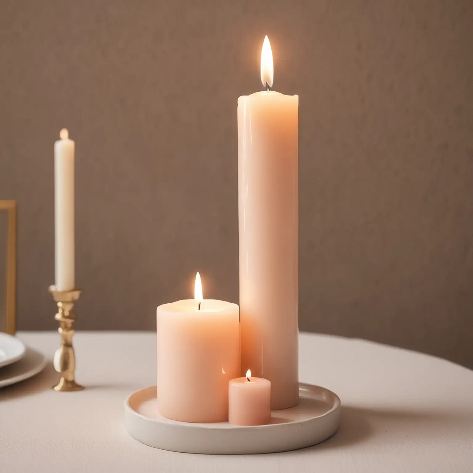 monochromatic minimalist wedding centerpiece with a light blush pillar candle and a light blush candle holder and nothing else in the image