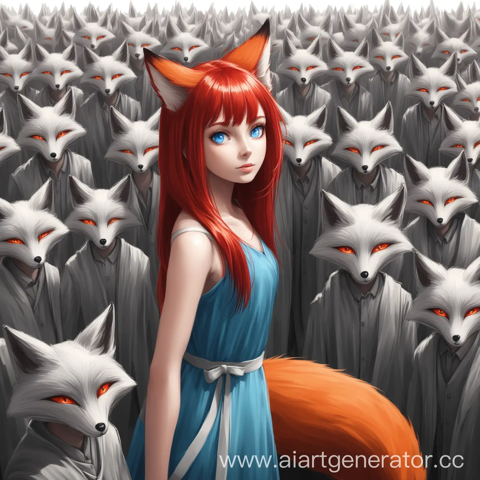 Яркая Девушка с рыжими волосами голубыми глазами, с хвостом лисы, среди серых людей