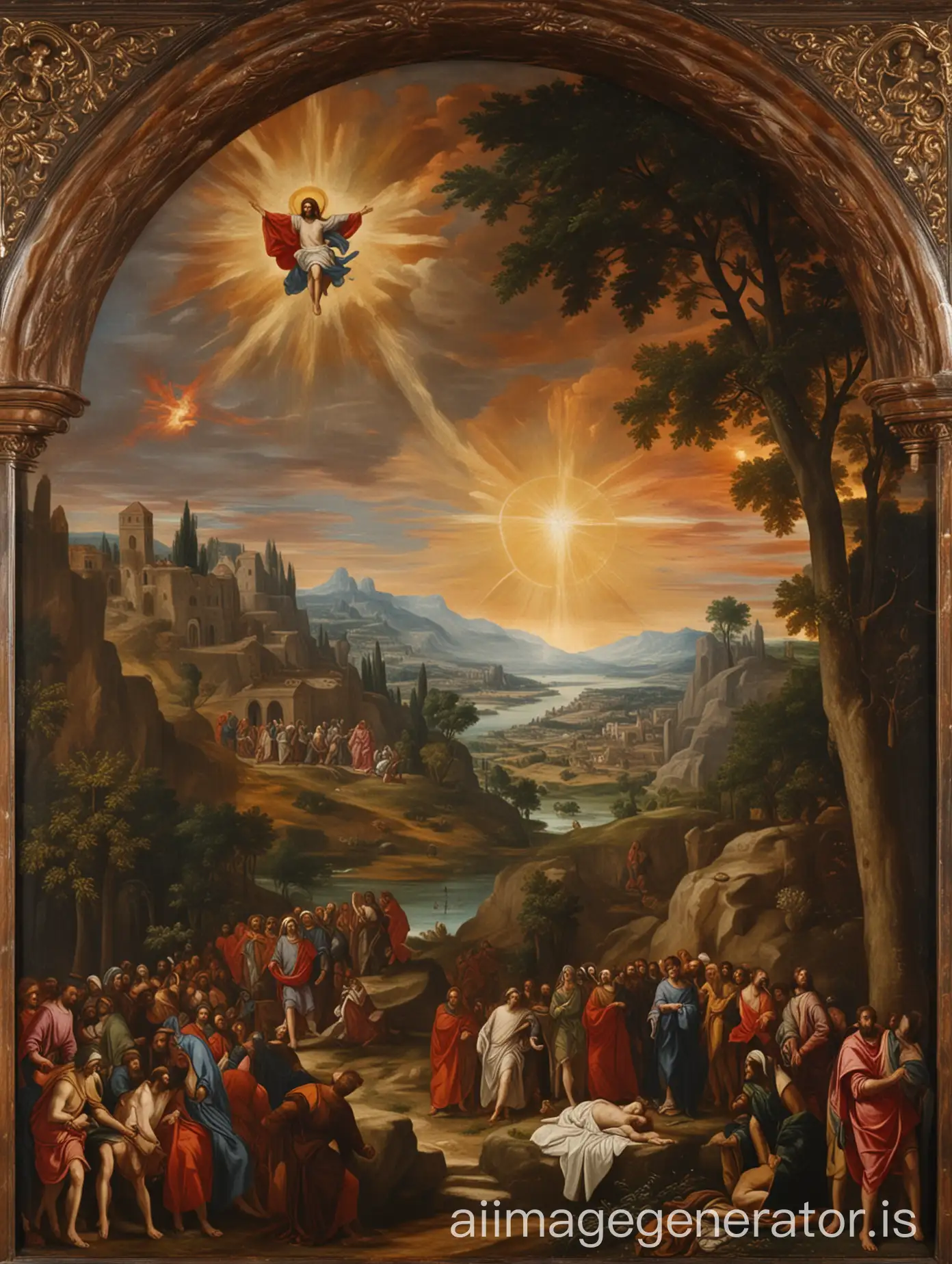 An oil painting in the style of Titian depicts the Resurrection of Christ. In the foreground, the empty tomb is visible, as well as the entourage of Christ. In the distance on the left side of the painting, one can see a Renaissance landscape with the silhouette of Jerusalem. The color scheme is typical of Titian.