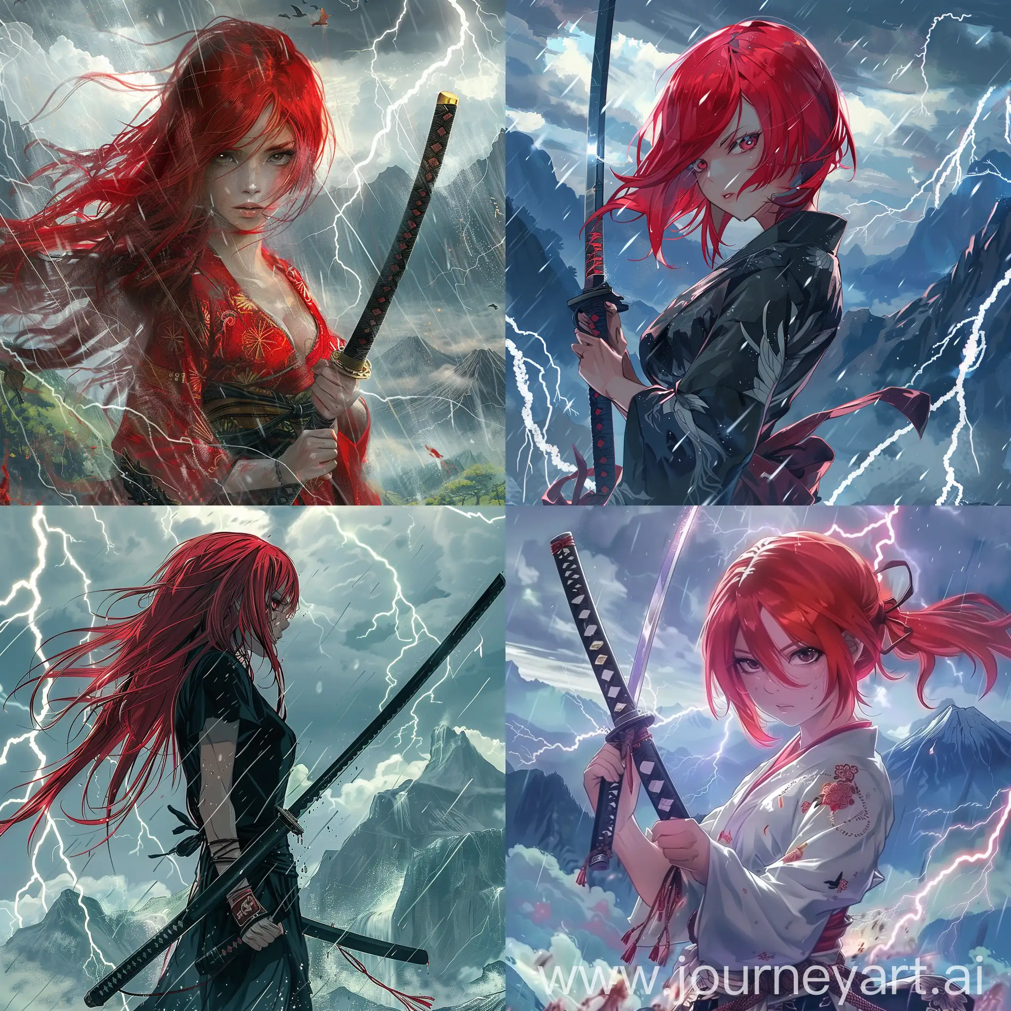 Аниме девушка с красными волосами с катаной в руках на фоне гор и грозы, молний.