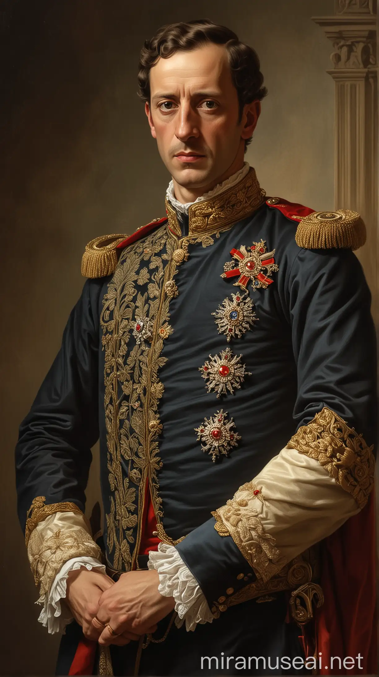 Illustrate a historical portrait of Ferdinand VII of Spain with subtle hints to the rumors about his endowment, maintaining a balance between historical accuracy and the legend.