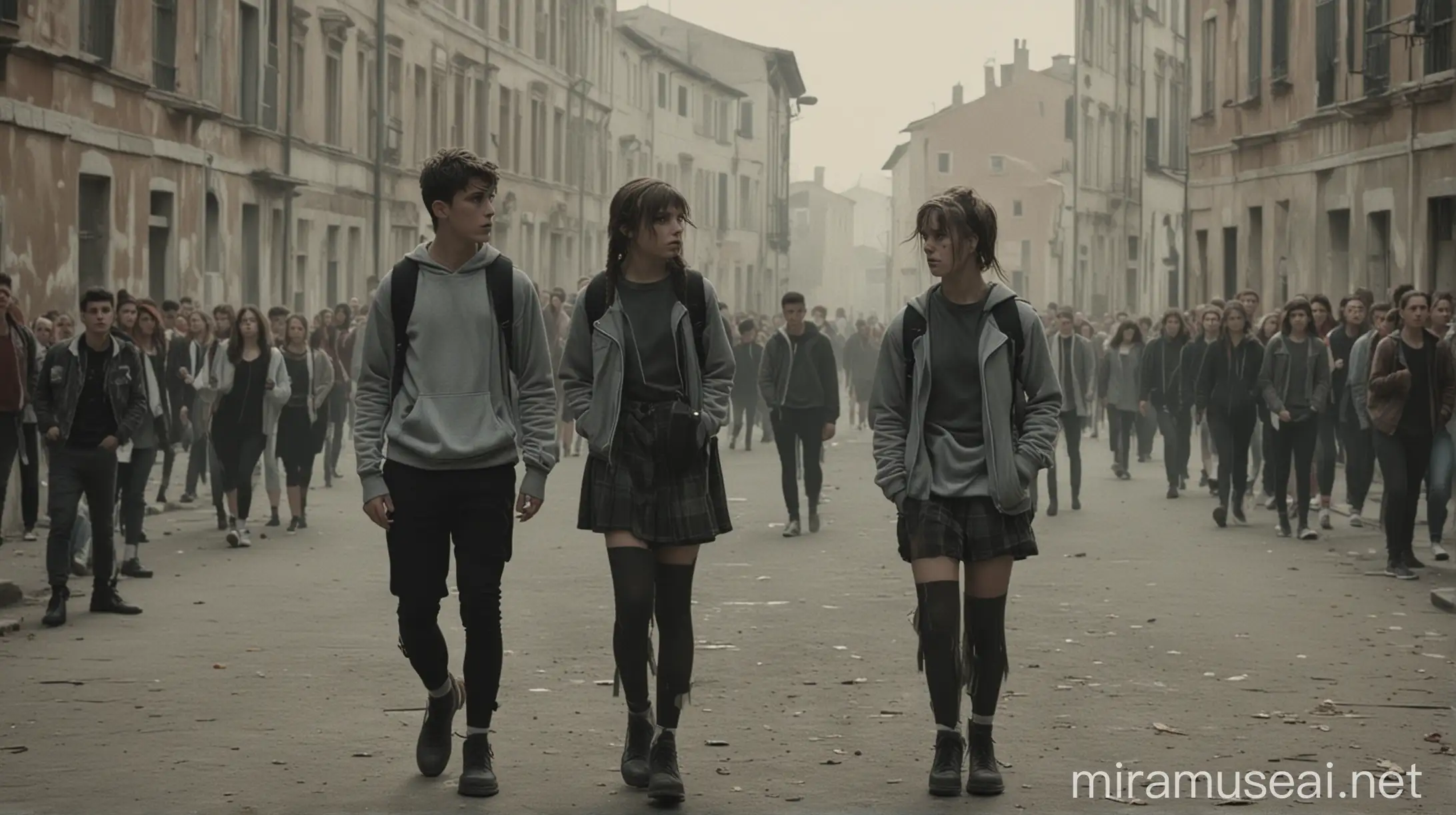 a cinematic still of a roman film, muted grey color grading, shot on film, 2 couples of high school students (boy and girl) who are jungky, wearing punk style clothes face off against dozens of other students