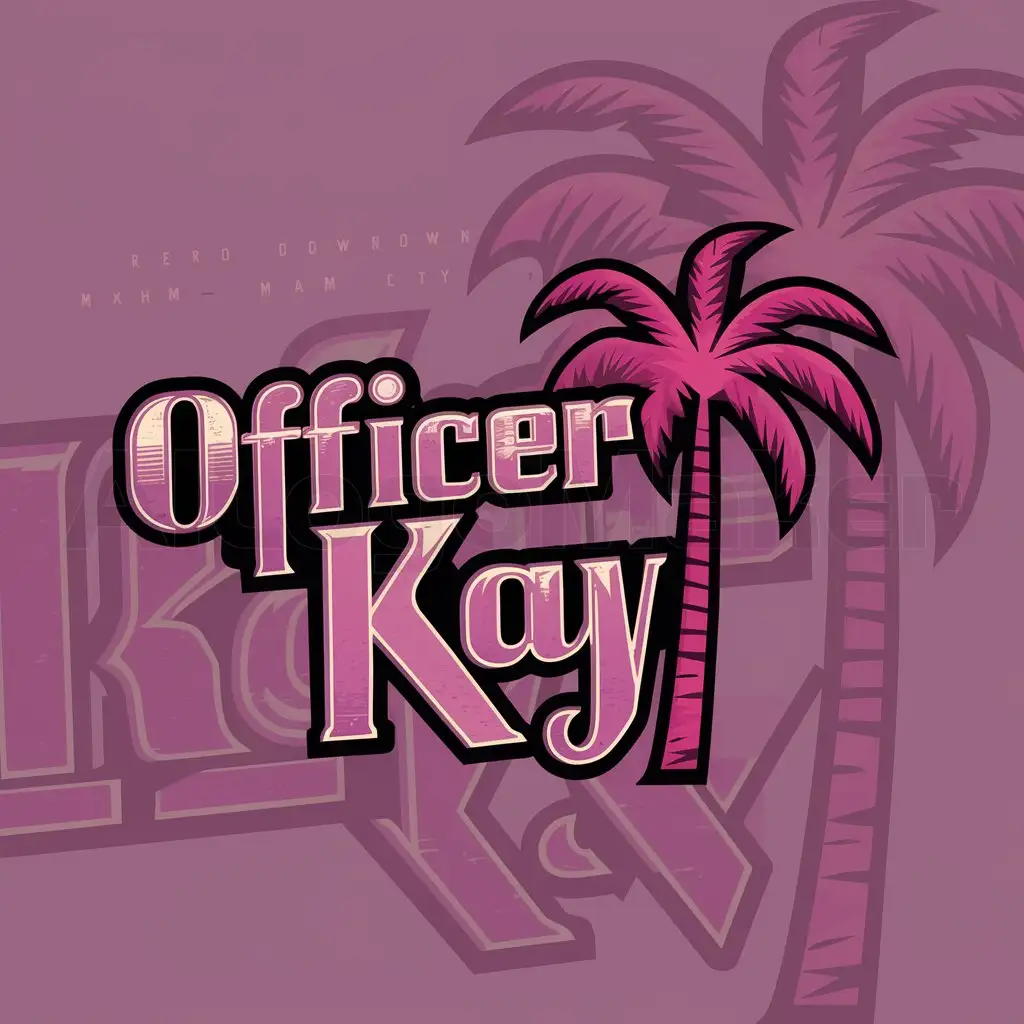 a logo design,with the text "Officer Kay", main symbol:palm tree and downtown miami, purple and pink color matching sunset background, and more classic font gta vice city style roleplay fivem colorful text,Moderate,clear background