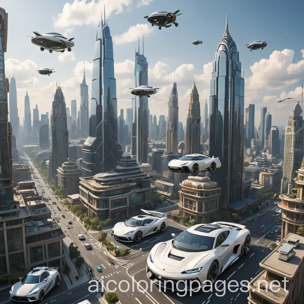 Futuristic-Cityscape-with-Skyscrapers-and-Flying-Cars-Coloring-Page
