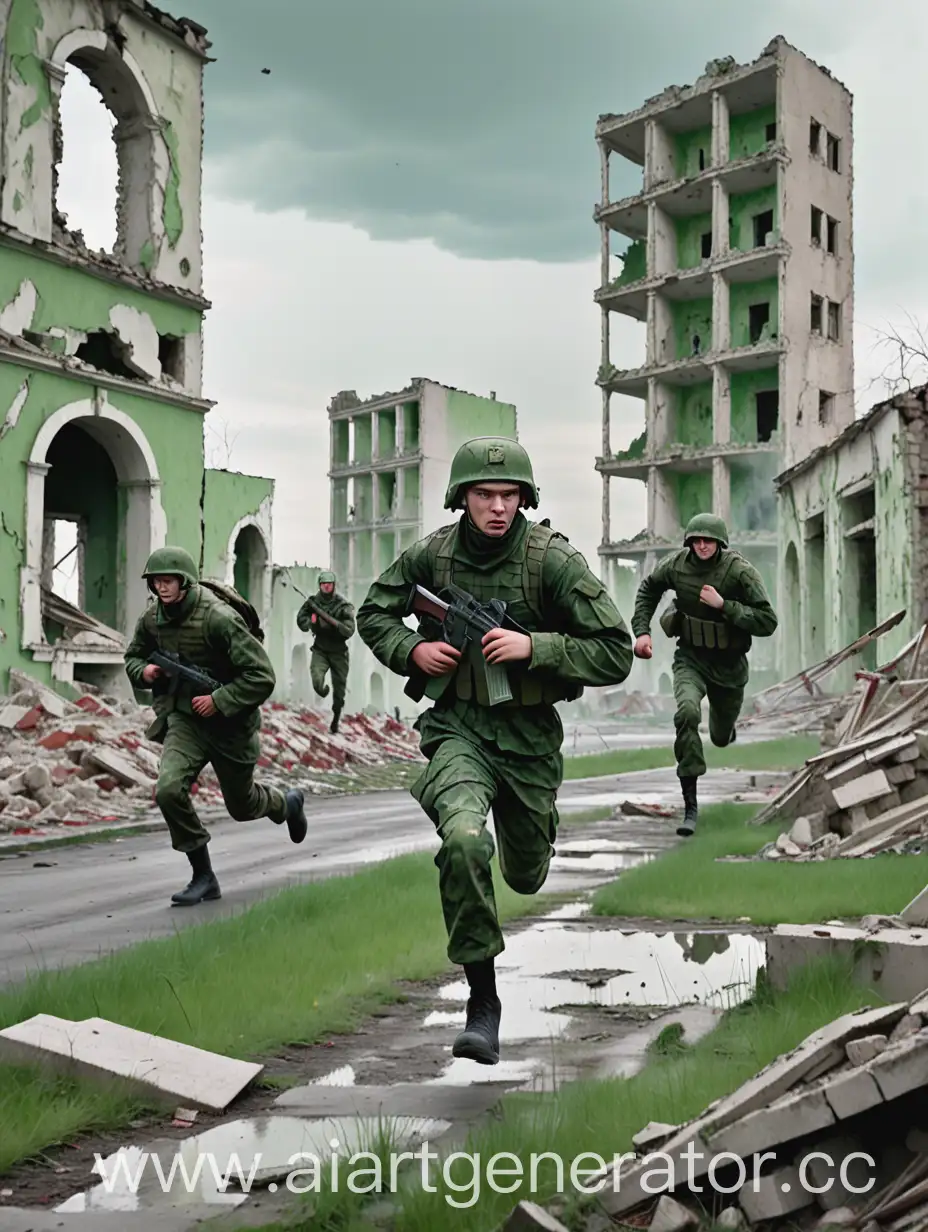 Fighting, post-Soviet country, green camouflage, 5 people, in the foreground a soldier runs to the left side into one of the ruins, the background shows the ruins of a city, also in the picture there is cloudy weather, in the background one soldier in green camouflage fights with another soldier 