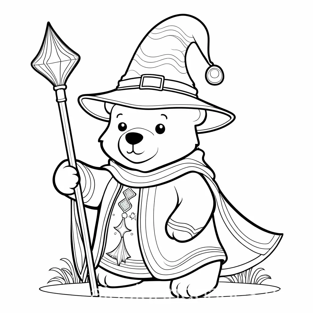 wizard bear, Coloring Page, black and white, line art, white background, Simplicity, Ample White Space. The background of the coloring page is plain white to make it easy for young children to color within the lines. The outlines of all the subjects are easy to distinguish, making it simple for kids to color without too much difficulty
