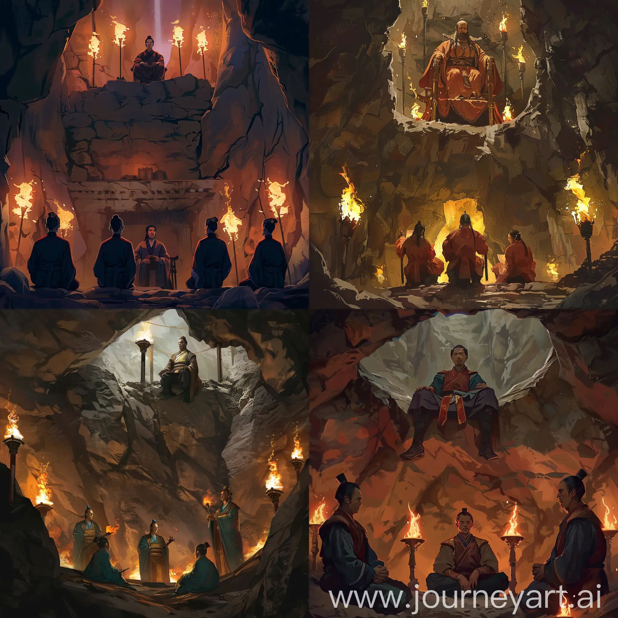 绘制一张邪恶组织基地的图片，风格为古典、武侠。场景在一个山洞中，周围点亮了火把，头领坐在高高的位置上，下面有4个下属正在汇报工作。