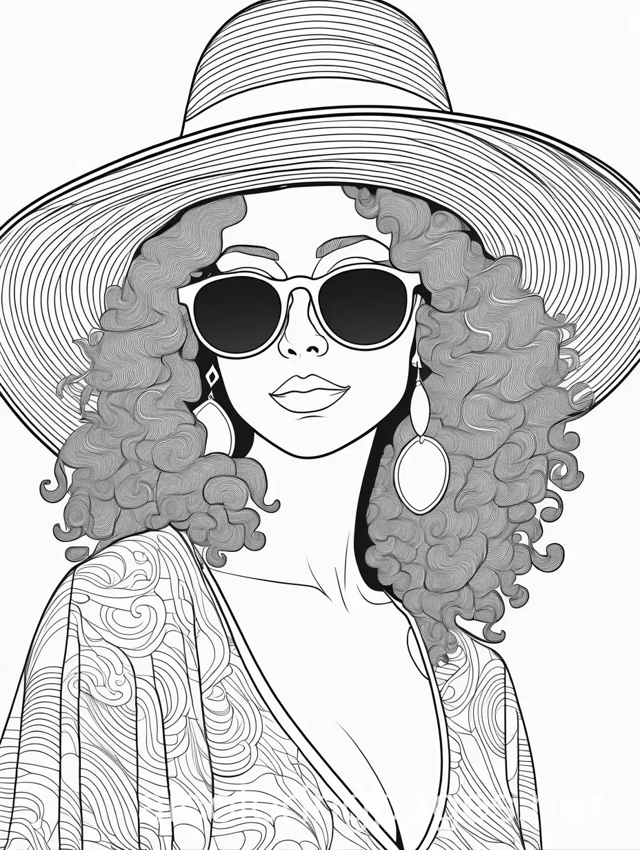 Woman with big curly white hair front view with sunglasses with big sun hat, Coloring Page, black and white, line art, white background, Simplicity, Ample White Space.