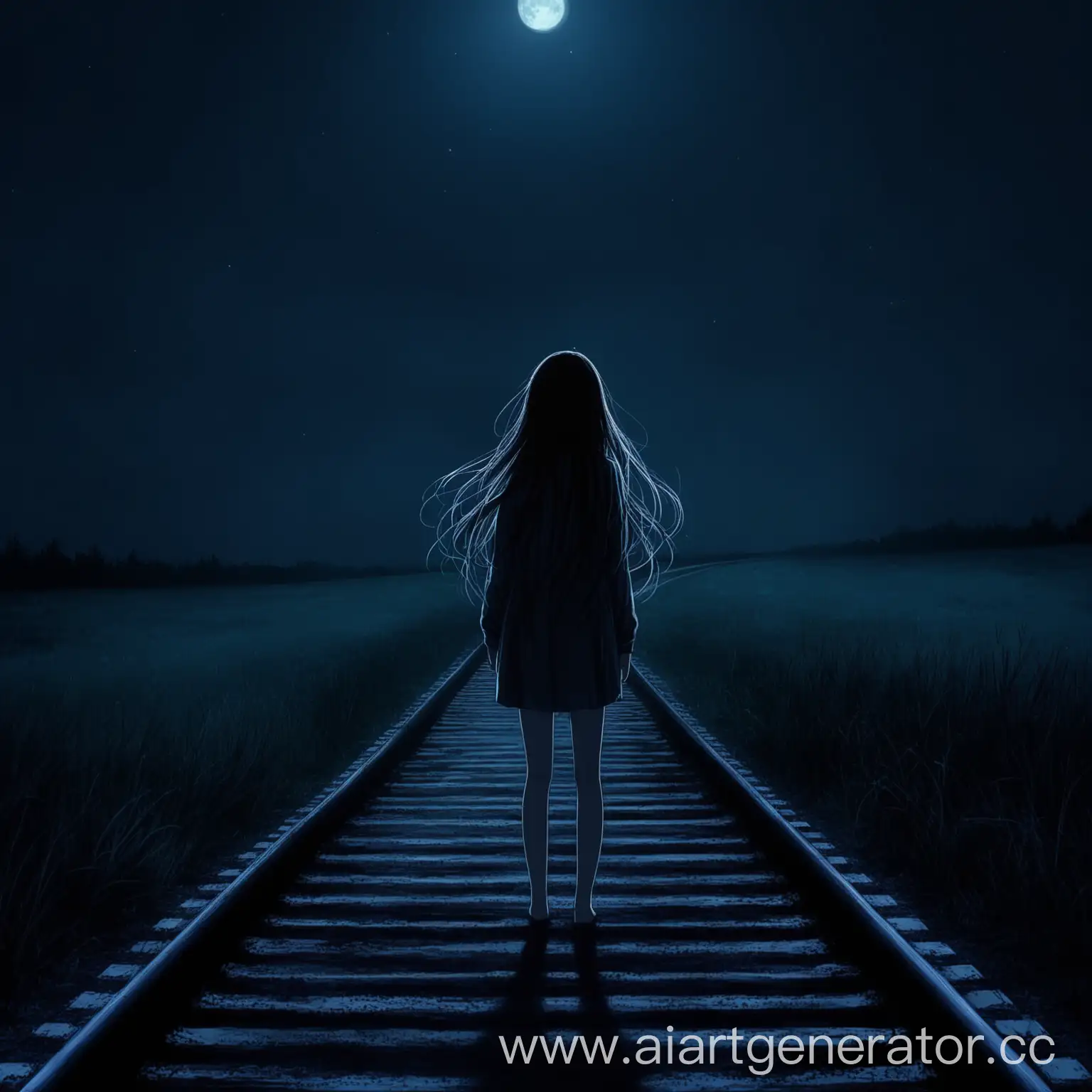 Lonely-Girl-with-Flowing-Hair-Stands-on-Deserted-Night-Track