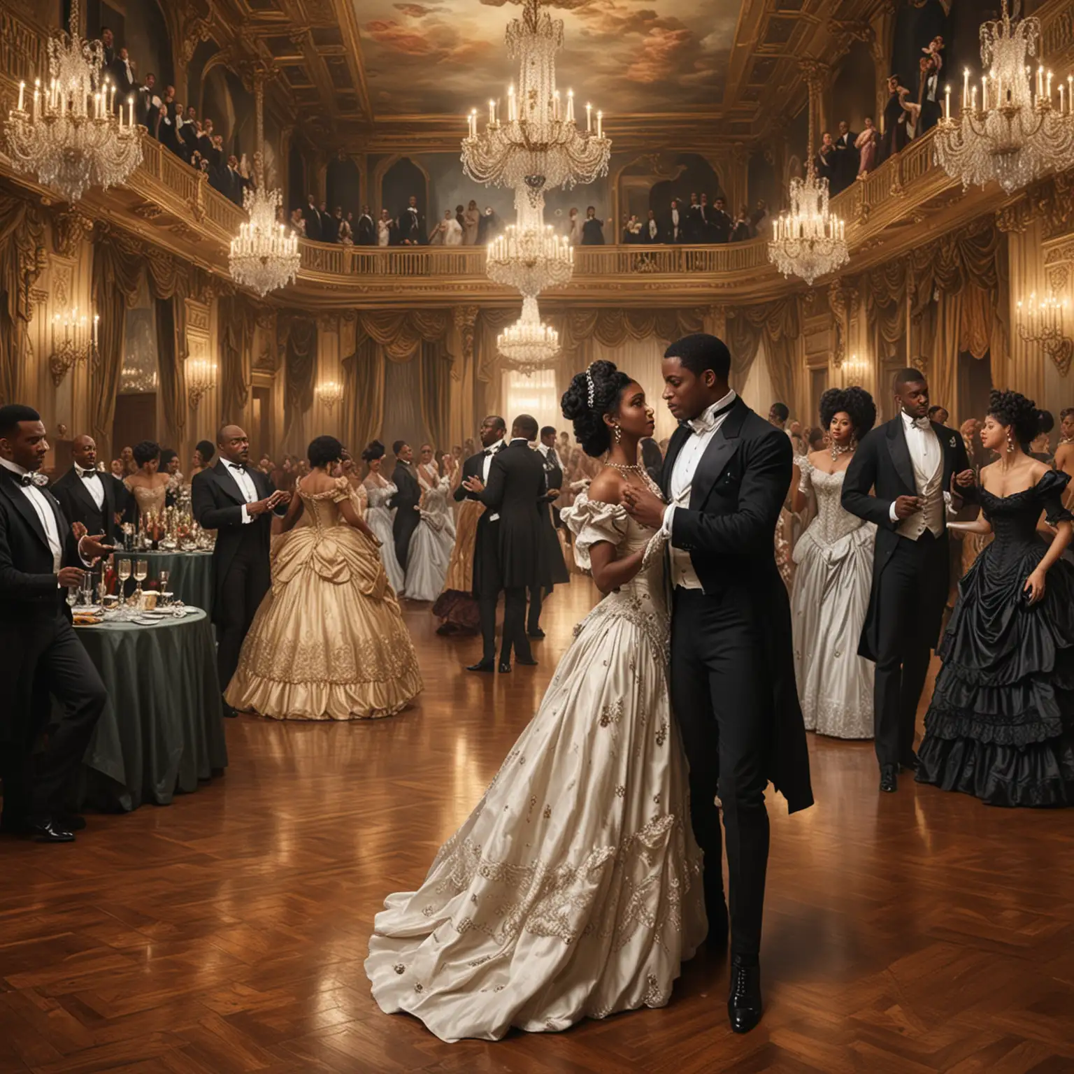 Victorian Decadent Ballroom with Black Men and Women in Glamorous Attire