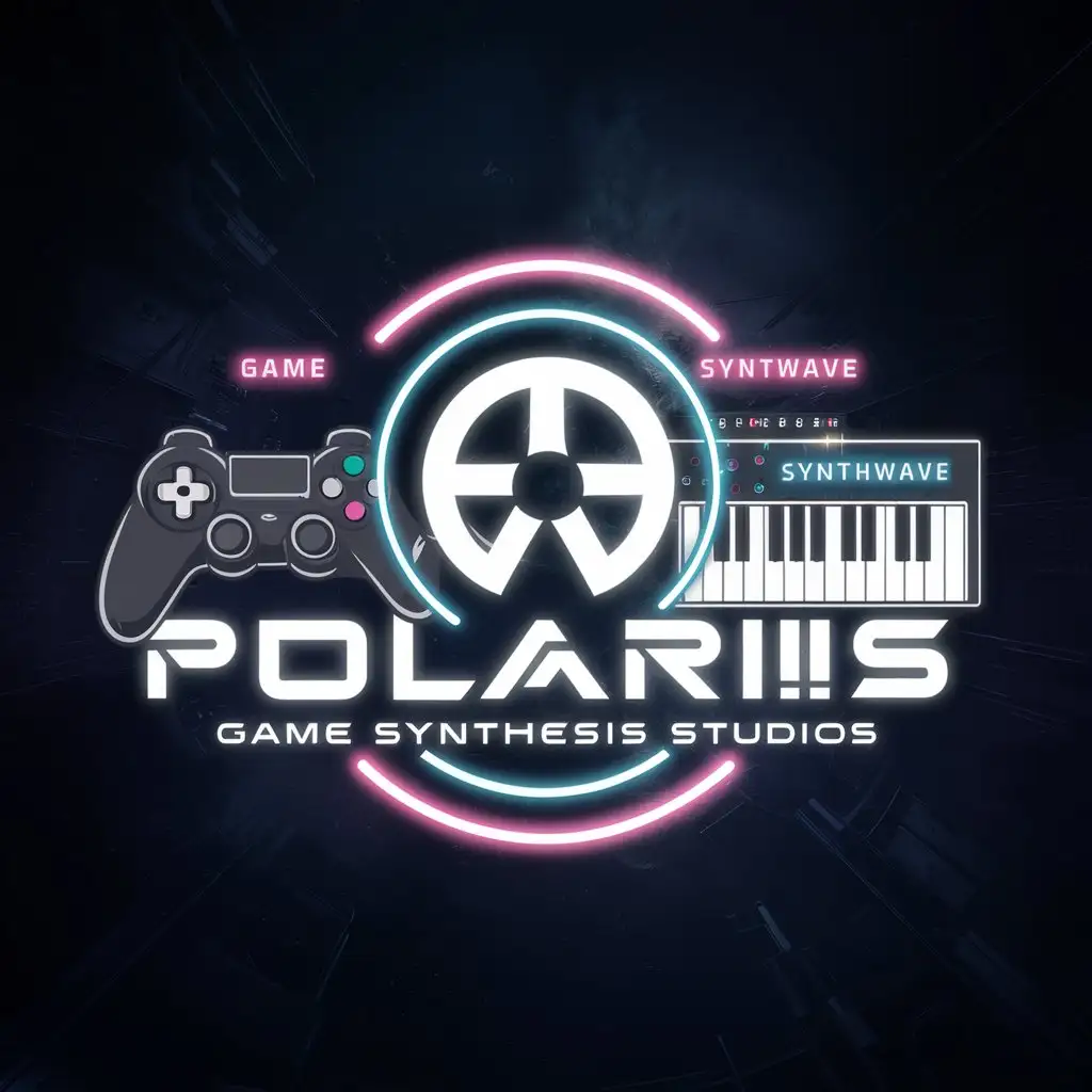 a logo design,with the text "Polaris Game Synthesis Studios", main symbol:Polaris,Game,Synthesis,Synthwave,neonlight,space,cyberpunk,Moderate,clear background