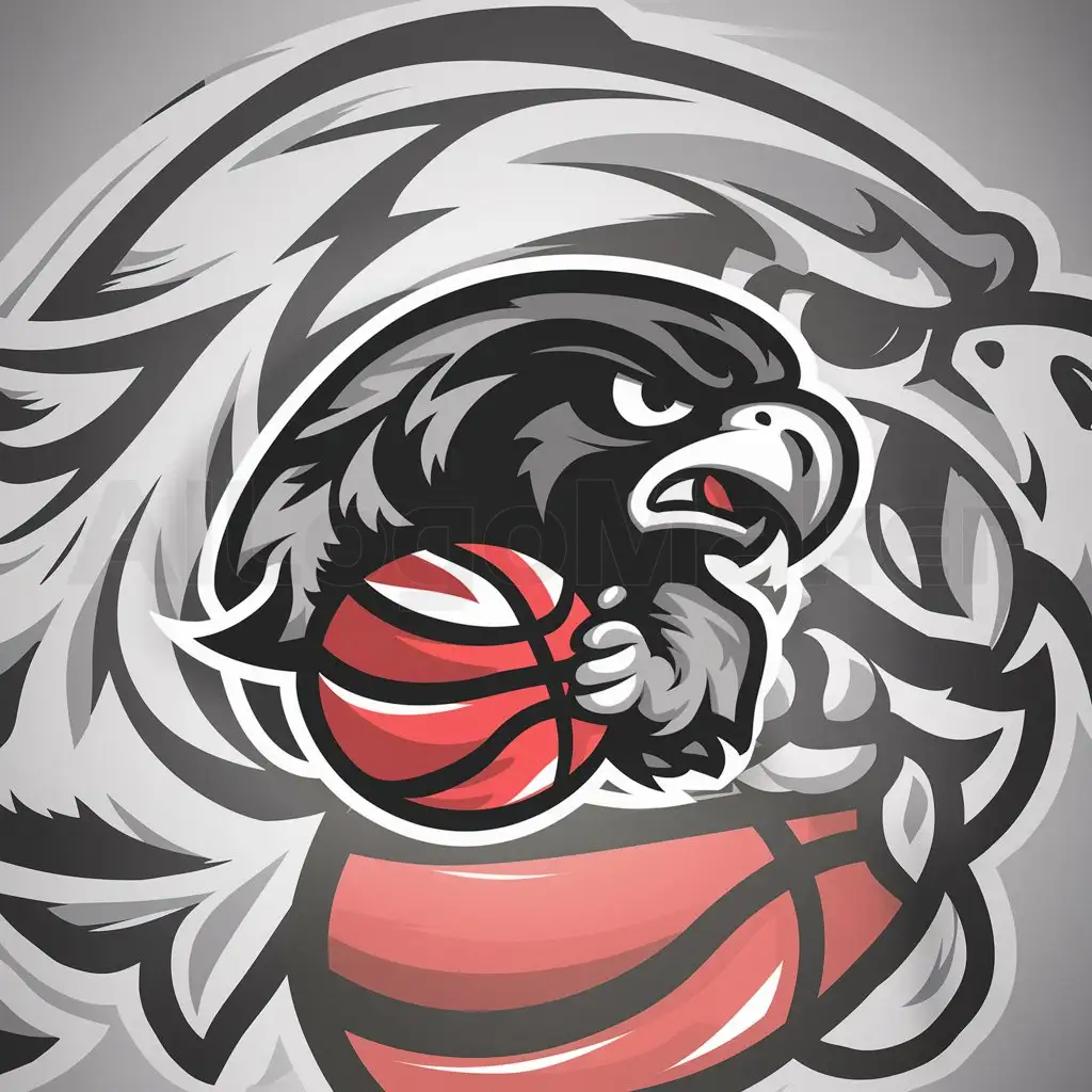 a logo design,with the text "Black-Hawks", main symbol:angry blackhawk with a basketball with color black white and red,complex,clear background