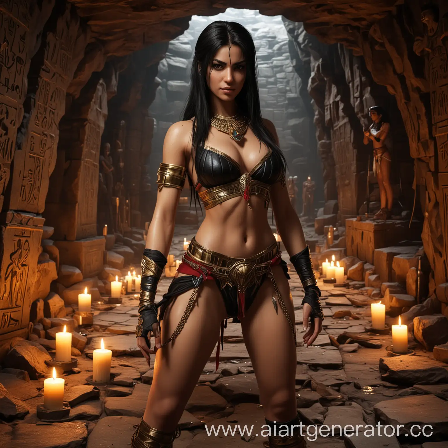 Девушка, фигура, moral kombat, в полный рост, египетский стиль, черные волосы, свечи, стринги, пещера 