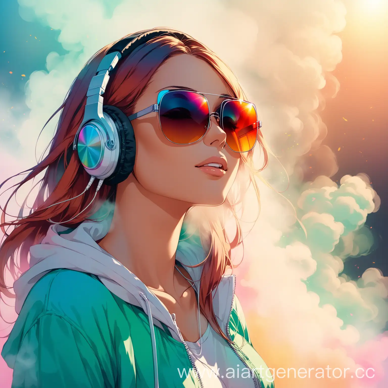 Девушка в солнцезащитных очках наслаждается музыкой. Она наслаждается музыкой в наушниках. Вокруг все красочное и в дыму