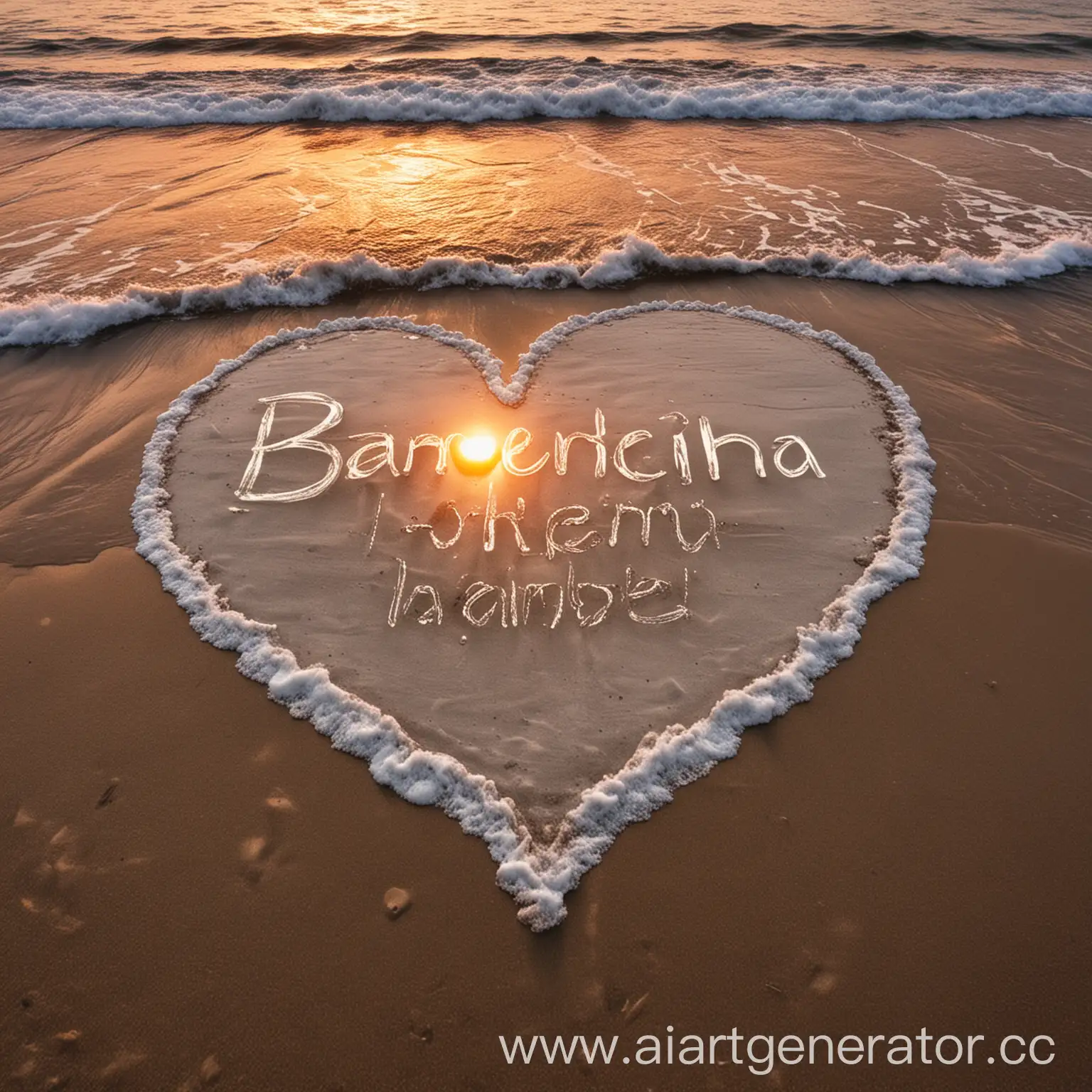 Sunset at the beach, 'Варюшенька' inscription in the center with text color white and glow, from 2 to 3 o'clock, on a heart shape with transparency 40%