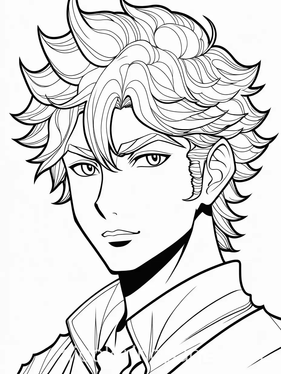anime guy with a curly wolf cut hairstyle 
, Coloring Page, black and white, line art, white background, Simplicity, Ample White Space. The background of the coloring page is plain white to make it easy for young children to color within the lines. The outlines of all the subjects are easy to distinguish, making it simple for kids to color without too much difficulty