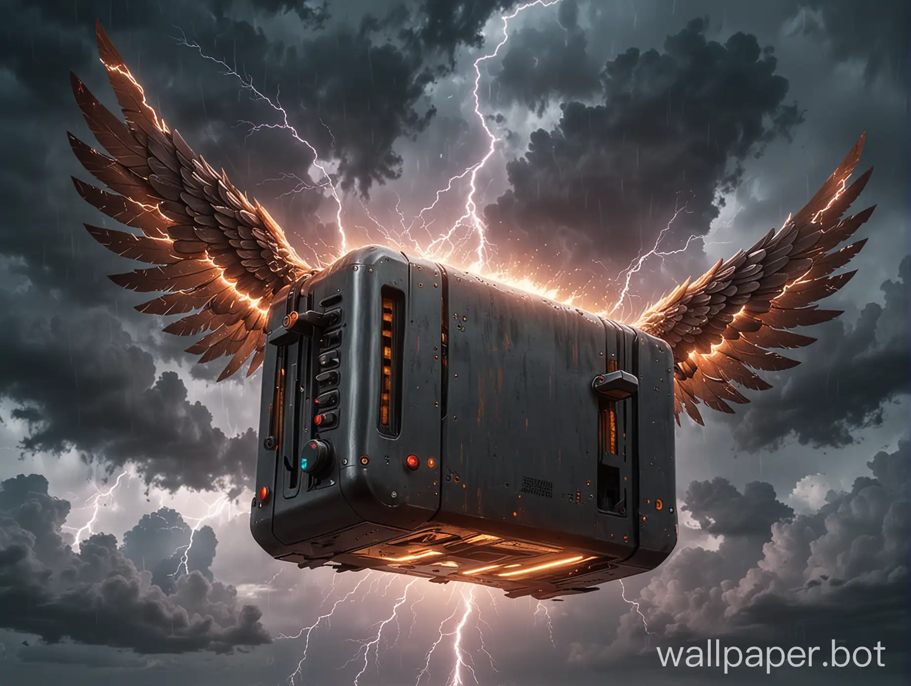 generate a toaster with wings in the stormy sky which is getting shock by an lightning while flying with big cyberpunk metal wings