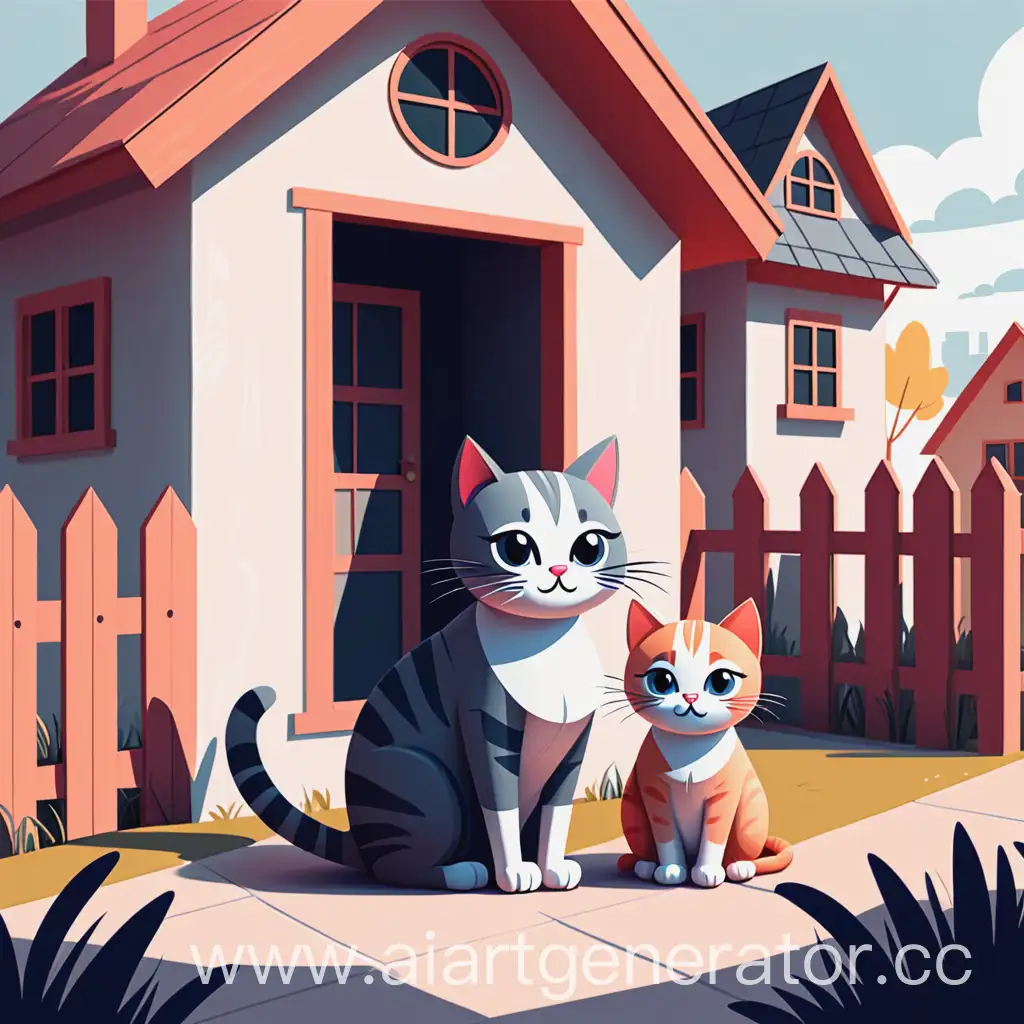 Adorable-Mother-Cat-and-Kitten-Relaxing-by-a-Cozy-Cottage-Charming-Illustration-for-Childrens-Book