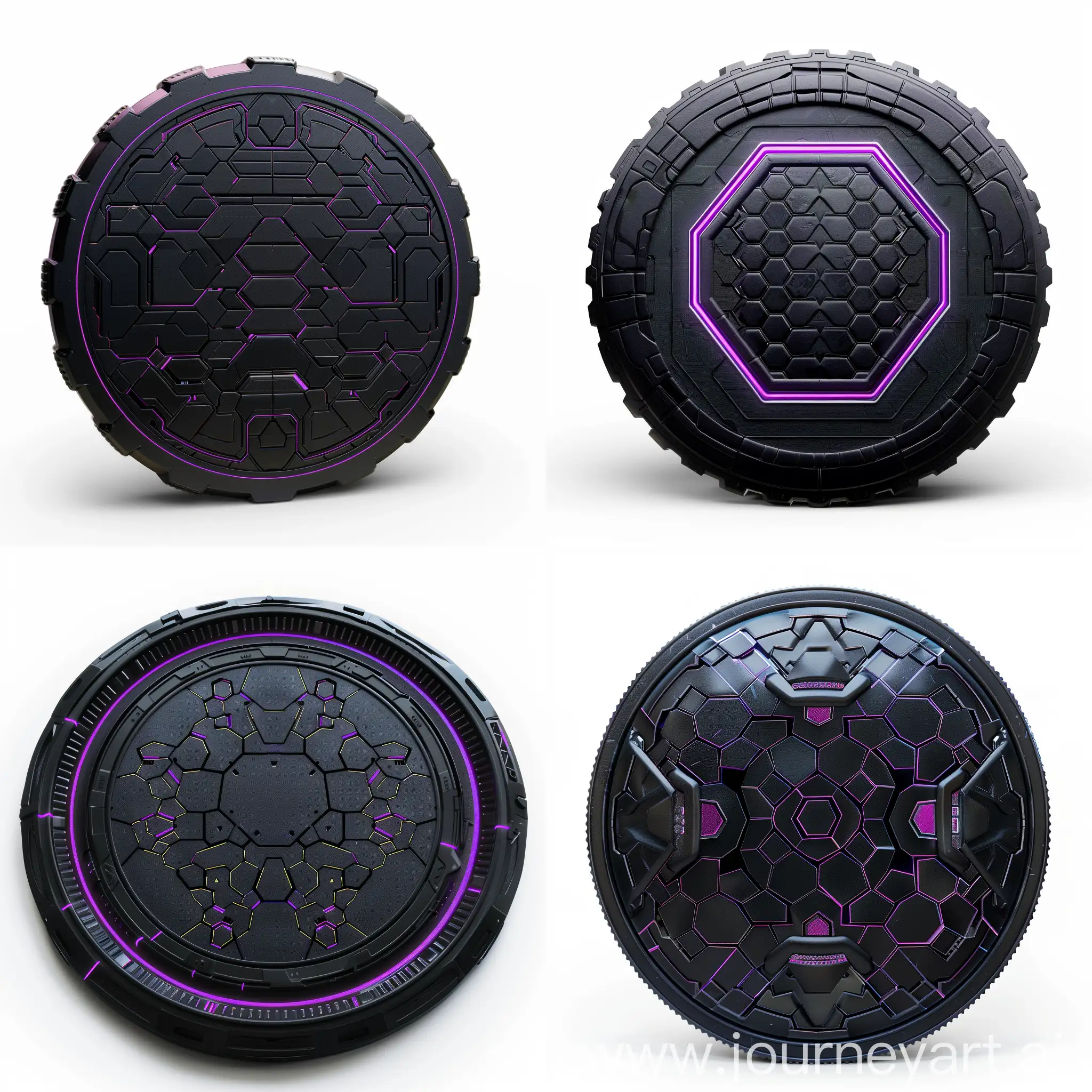 Front view of a very sleek cyberpunk robotic coin in shade of black. Its some places have neon purple hexagon patterns on it. 
clean white background. Photo realistic --v 6.0