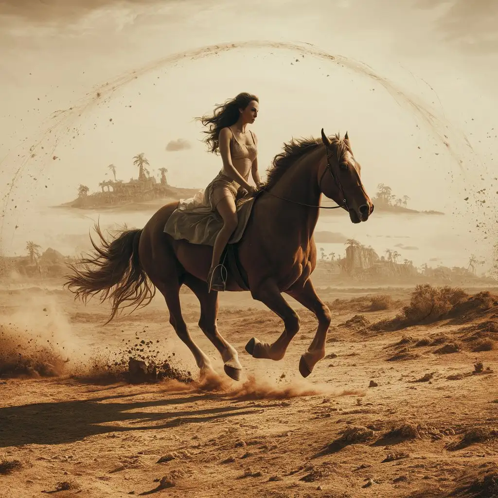 a lone woman rides a horse away from the viewer, towards the horizon, leaving a long shadow, a barren but beautiful landscape looms, paradise lost theme, cinematic style 