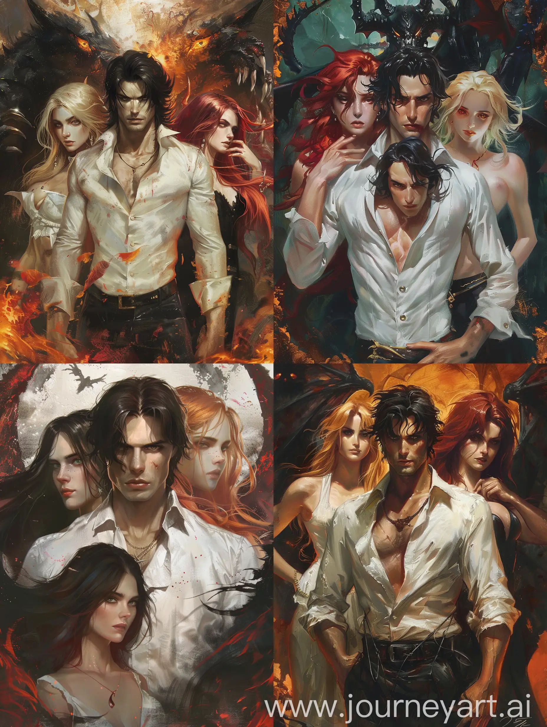 Fantasy-Novel-Cover-Man-with-Black-Hair-Blonde-Girl-and-RedHaired-Girl-Confronting-Demon-Boss