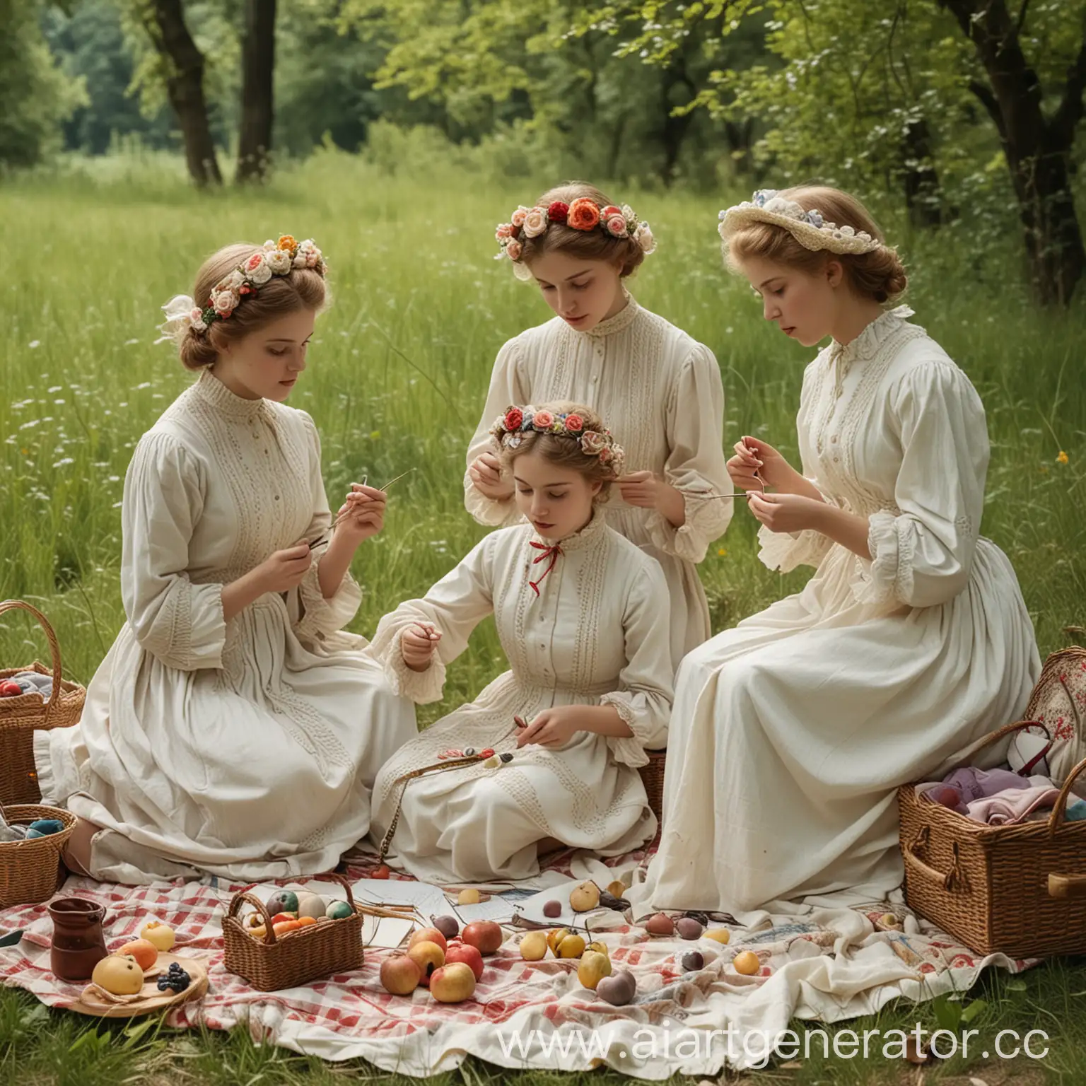 Пять аристократичных молодых барышнень начала 20 века на пикнике на природе рисуют, вышивают, вяжут