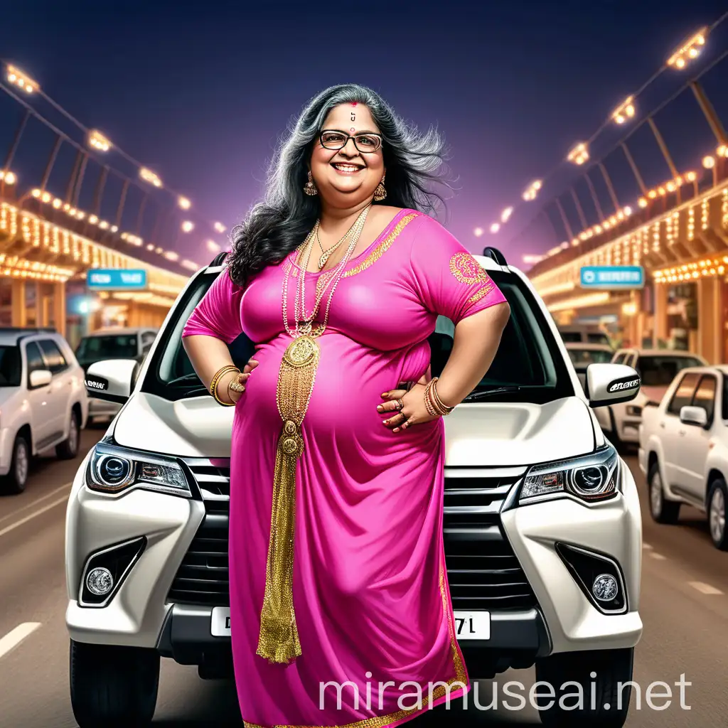 Happy Indian Woman with Gold Ornaments and Black Dog at Night on Highway