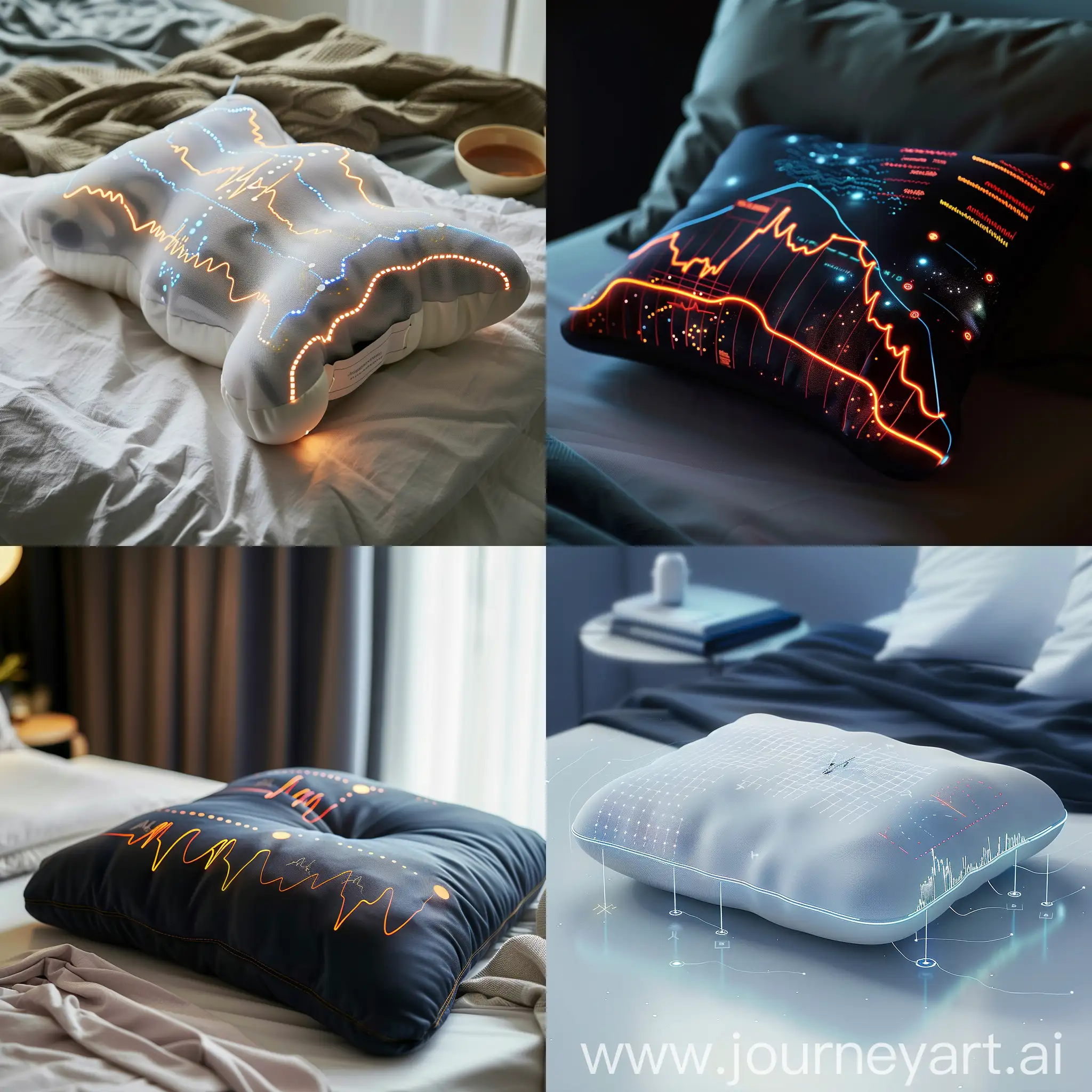 Сгенерируй мне изображение умной подушки для сна оборудованная датчиками, которые будут отслеживать качество сна, пульс, дыхание и другие медицинские показатели