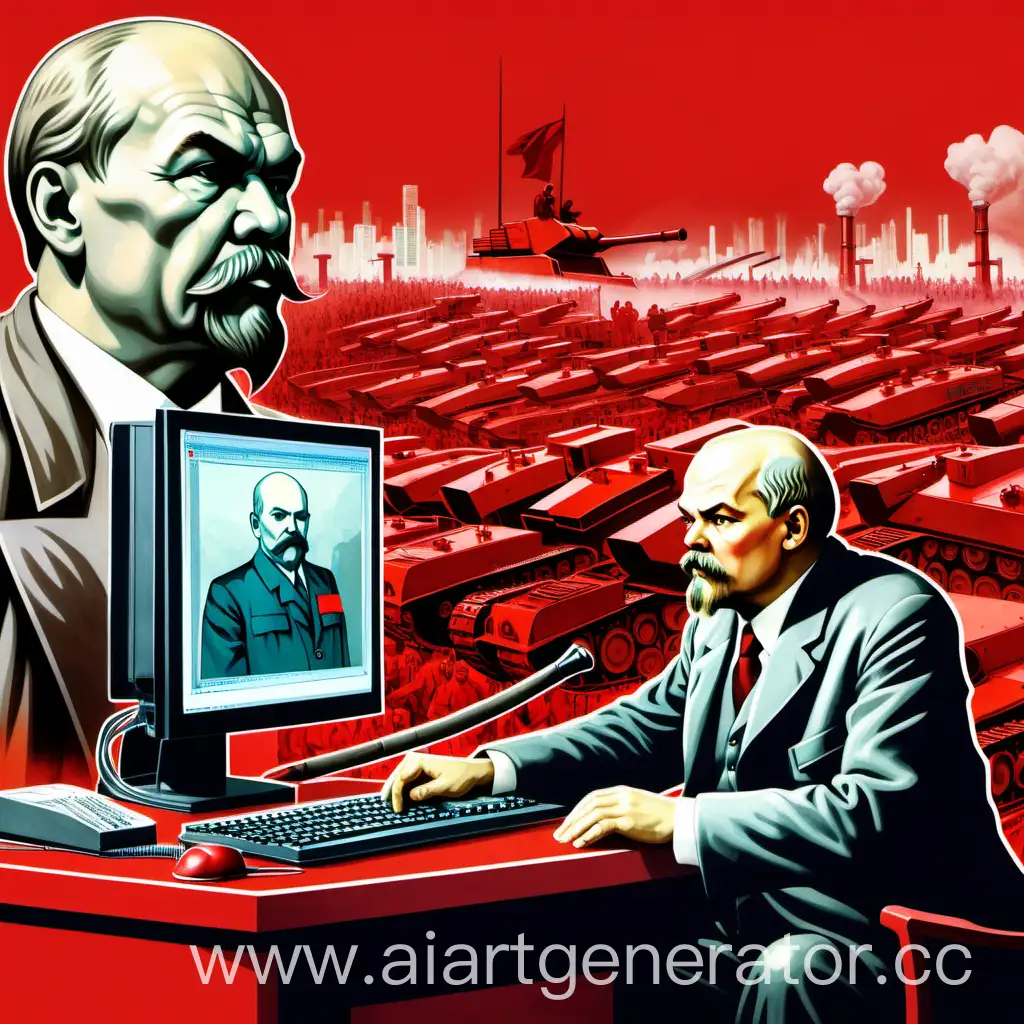 Ленин на красном фоне танков рабочих и компьютеров