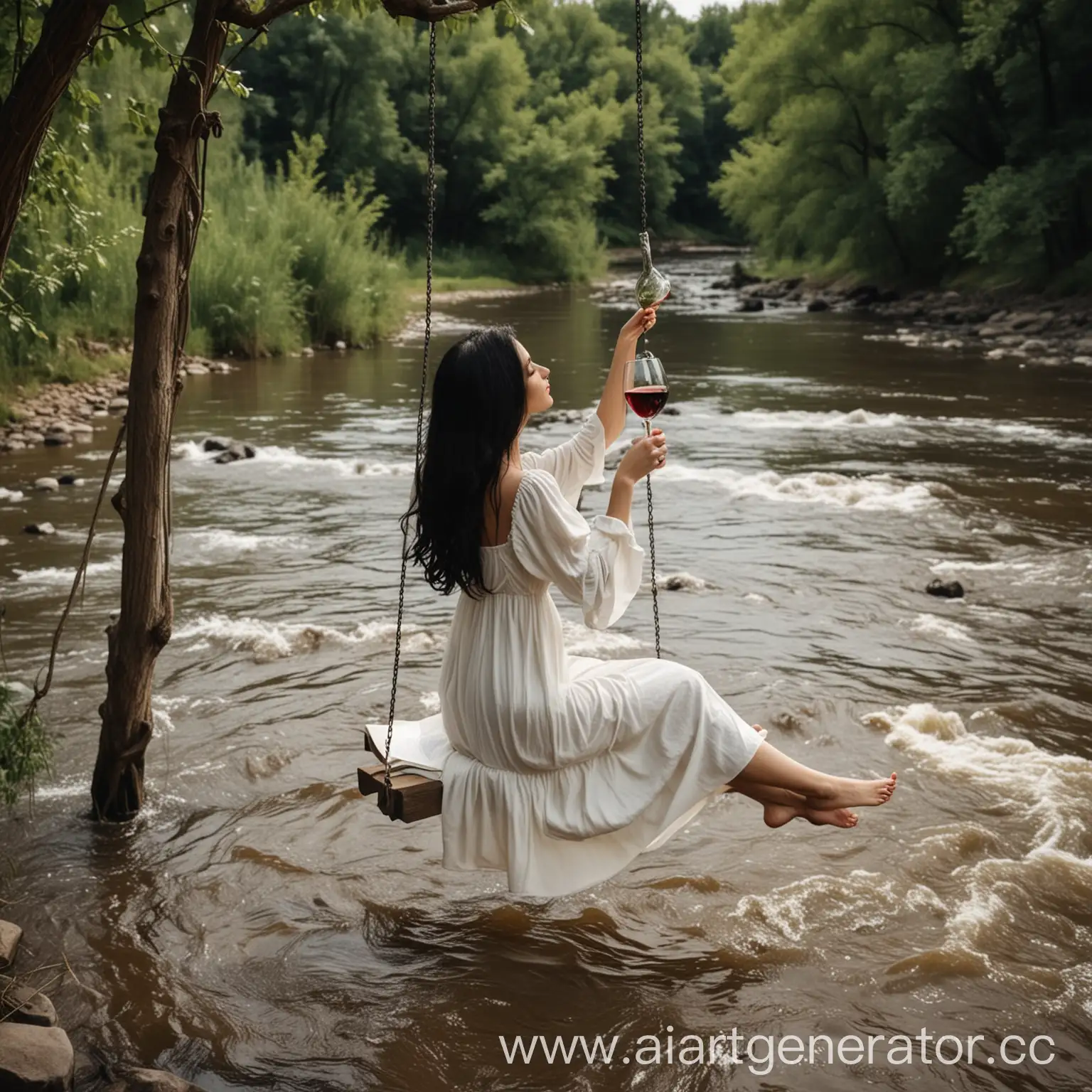 утогченная стройная девушка с длинными черными волосами красивой фигурой в длинном белом платье  качается на качеле на берегу бурной реки читает книгу и пьет вино
