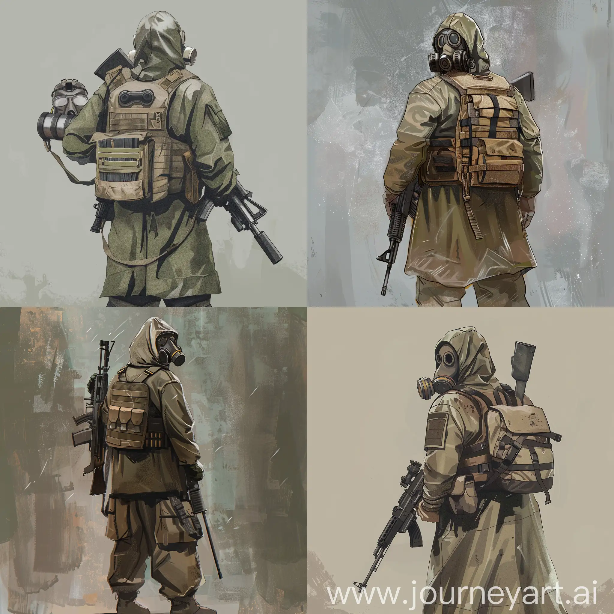 Soldier,  raincoat hazmat, small military backpack on the back, gasmask, military vest, soviet sniper rifle, concept art.