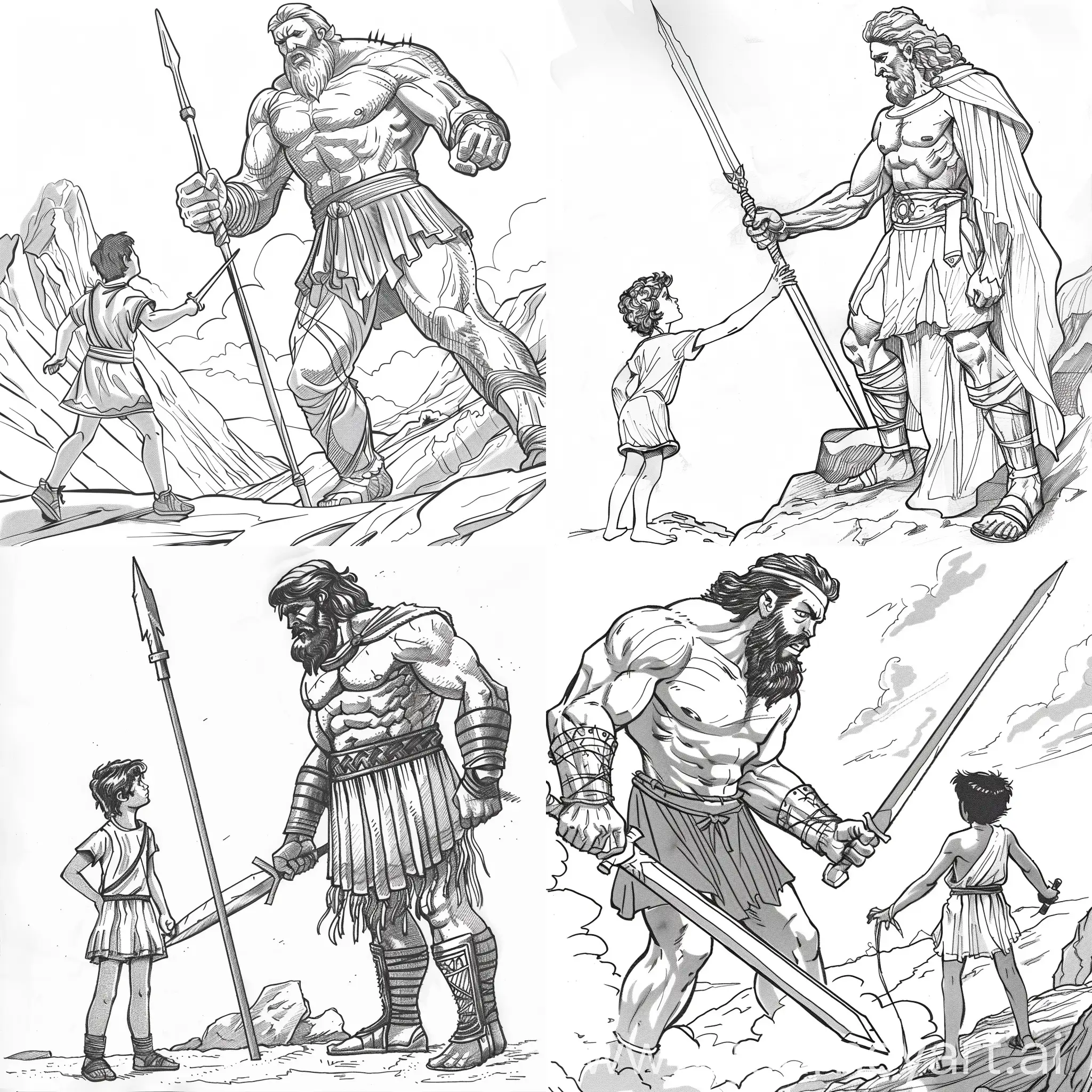 Create an outline drawing (only lines, no color, with a white background) for my Bible-themed coloring and storybook. The drawing should feature only the characters and no objects or colors. It should be in a realistic cartoon style. Draw David and Goliath following these specifications
