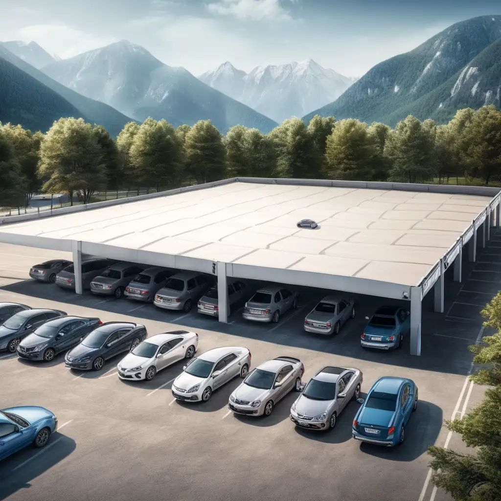 ein großer Parkplatz für 10 Autos mit Dach auf einer Fläche von 10x10m, im Hintergrund Berge